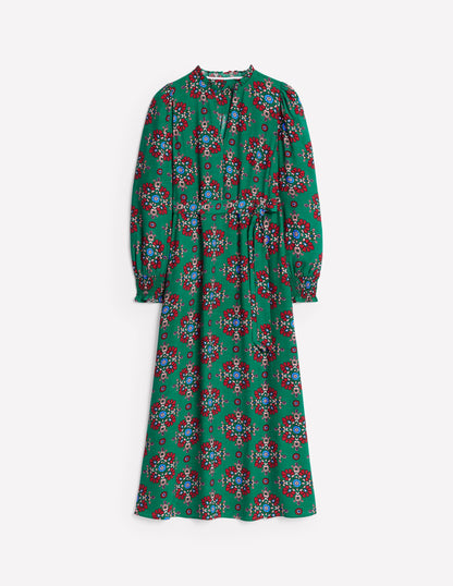 Easy Notch Midi Dress-Green, Adorned Stamp-5