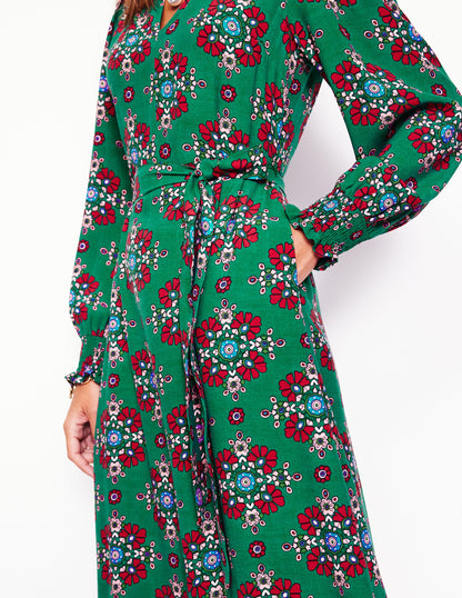 Easy Notch Midi Dress-Green, Adorned Stamp-2