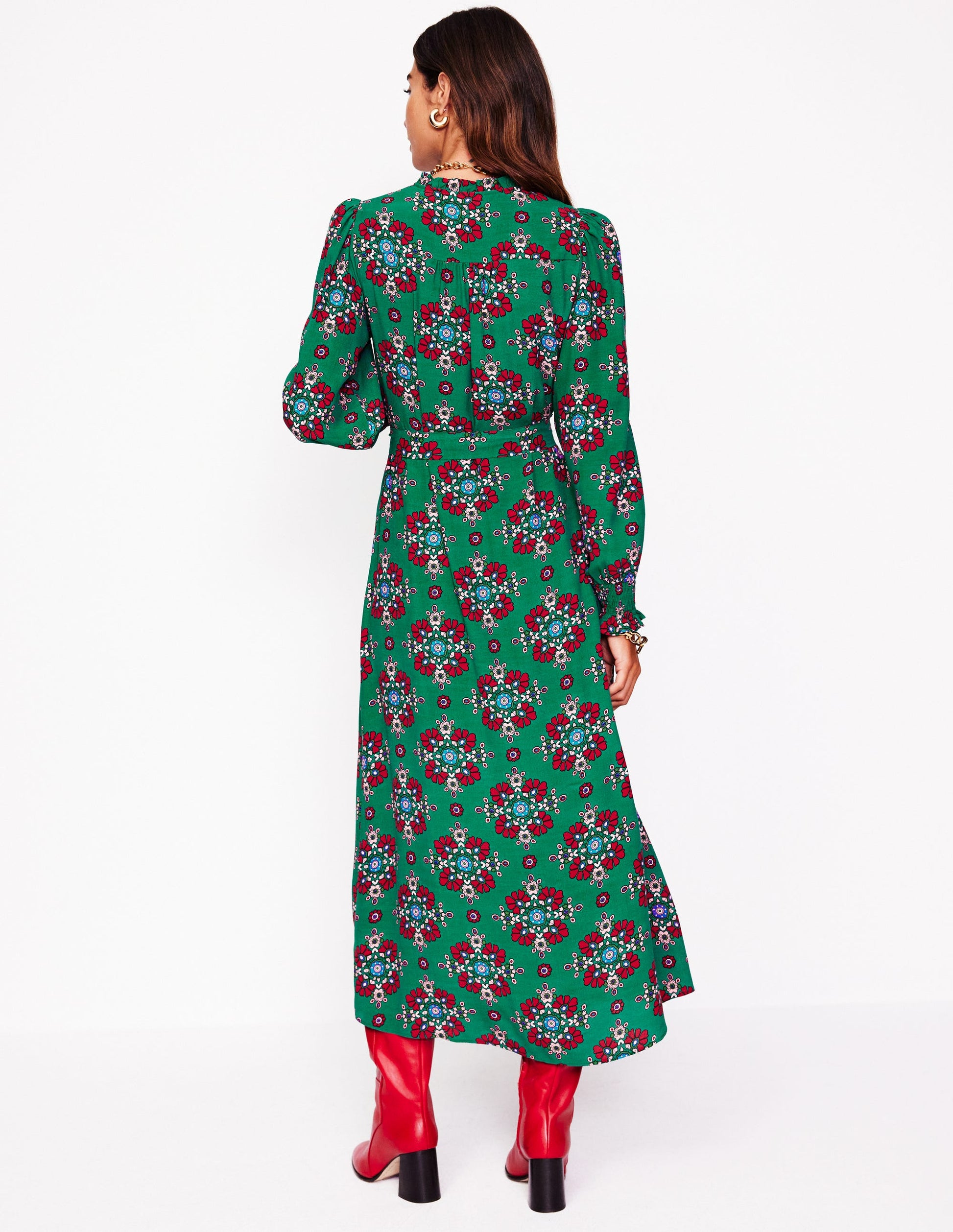 Easy Notch Midi Dress-Green, Adorned Stamp-3