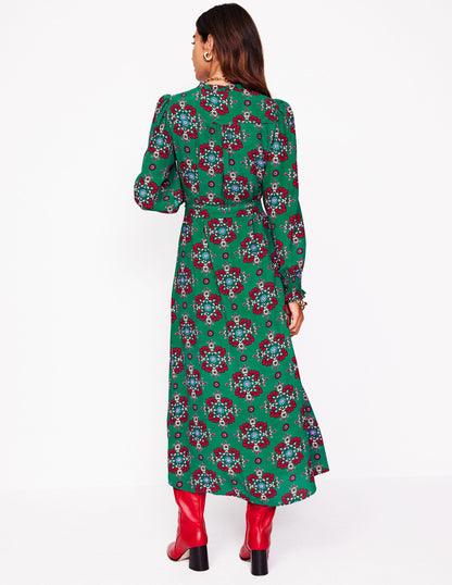 Easy Notch Midi Dress-Green, Adorned Stamp-3