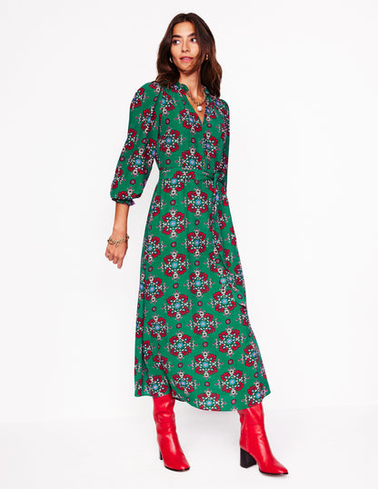 Easy Notch Midi Dress-Green, Adorned Stamp-4