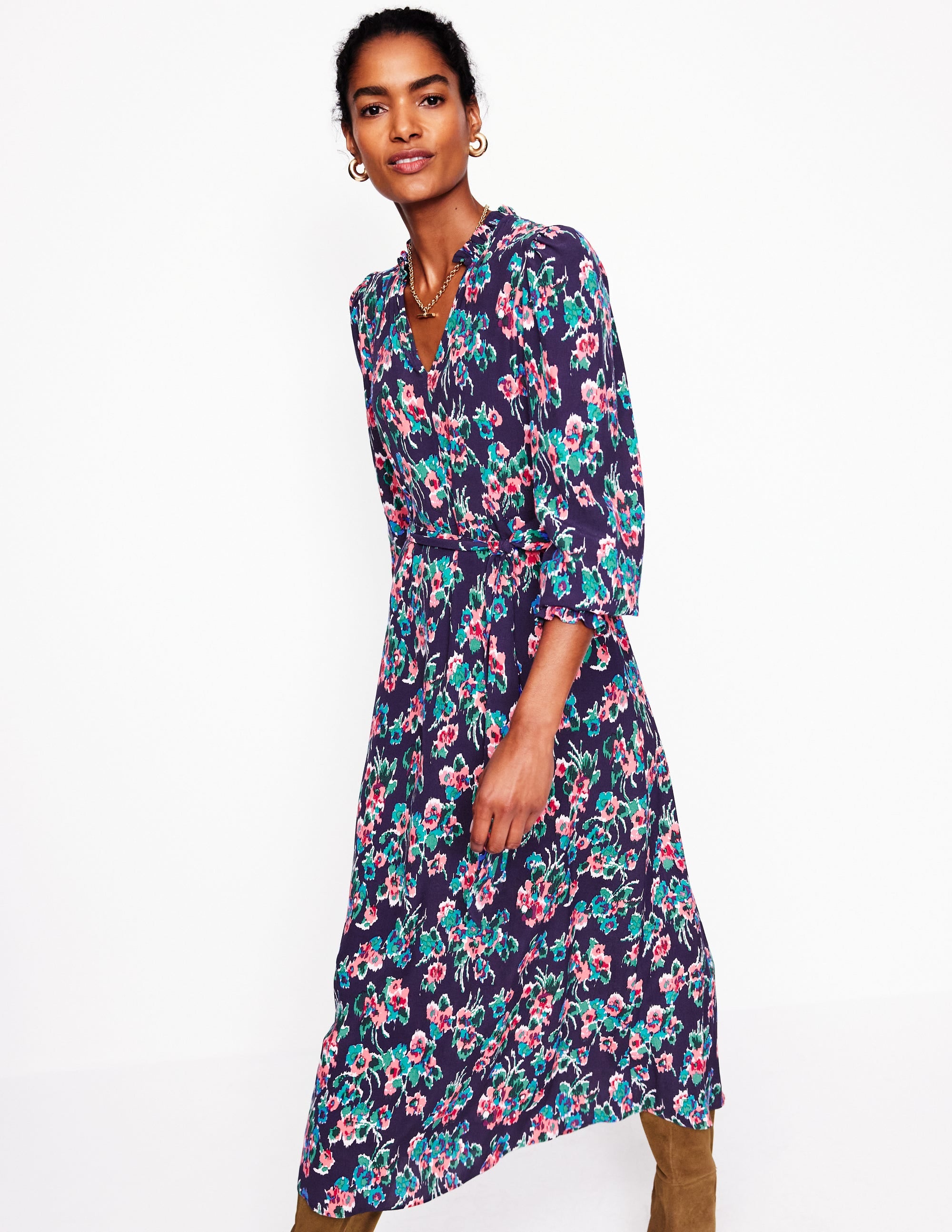 Easy Notch Midi Dress-Navy, Abstract Posy - Image 1