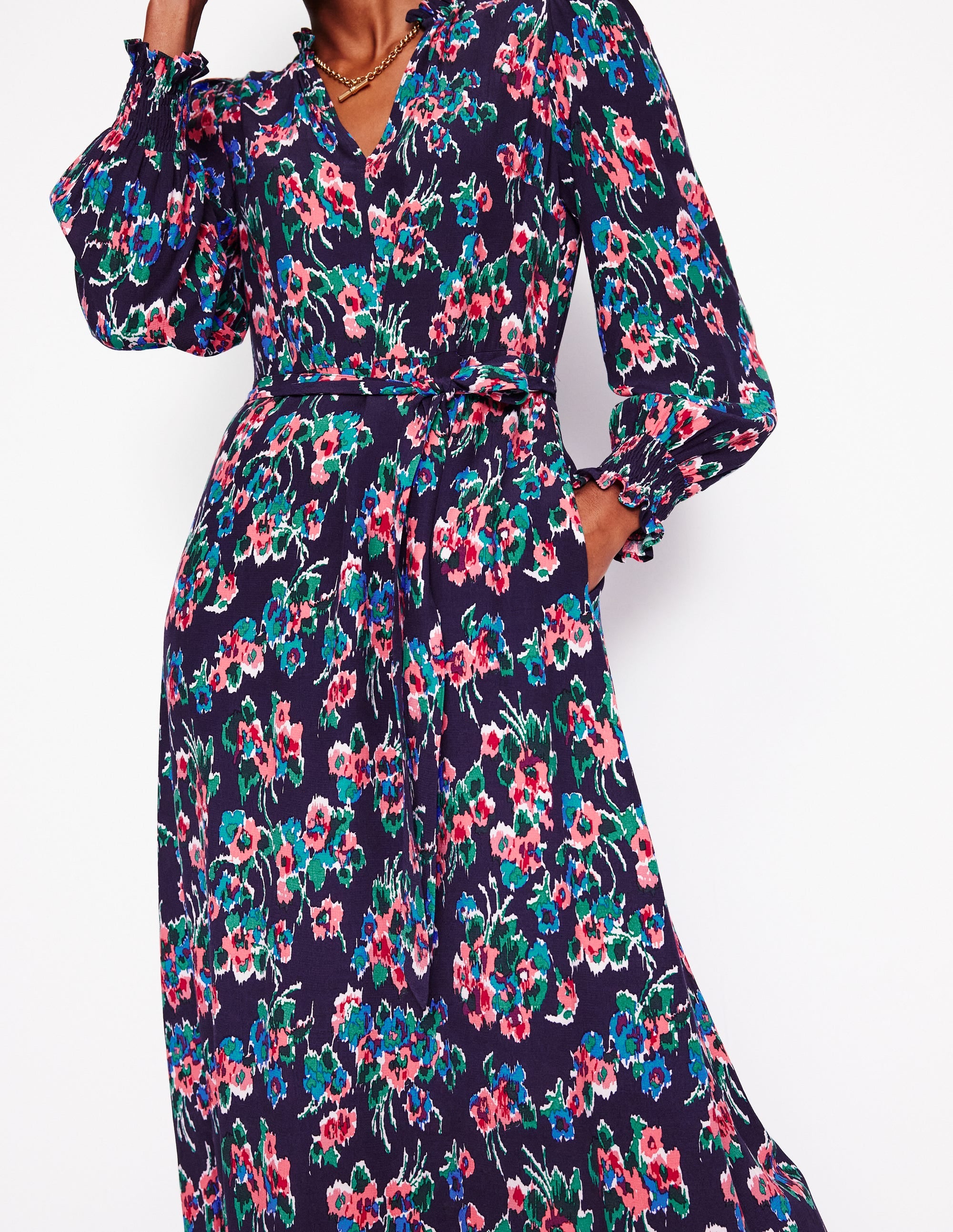 Easy Notch Midi Dress-Navy, Abstract Posy - Image 2