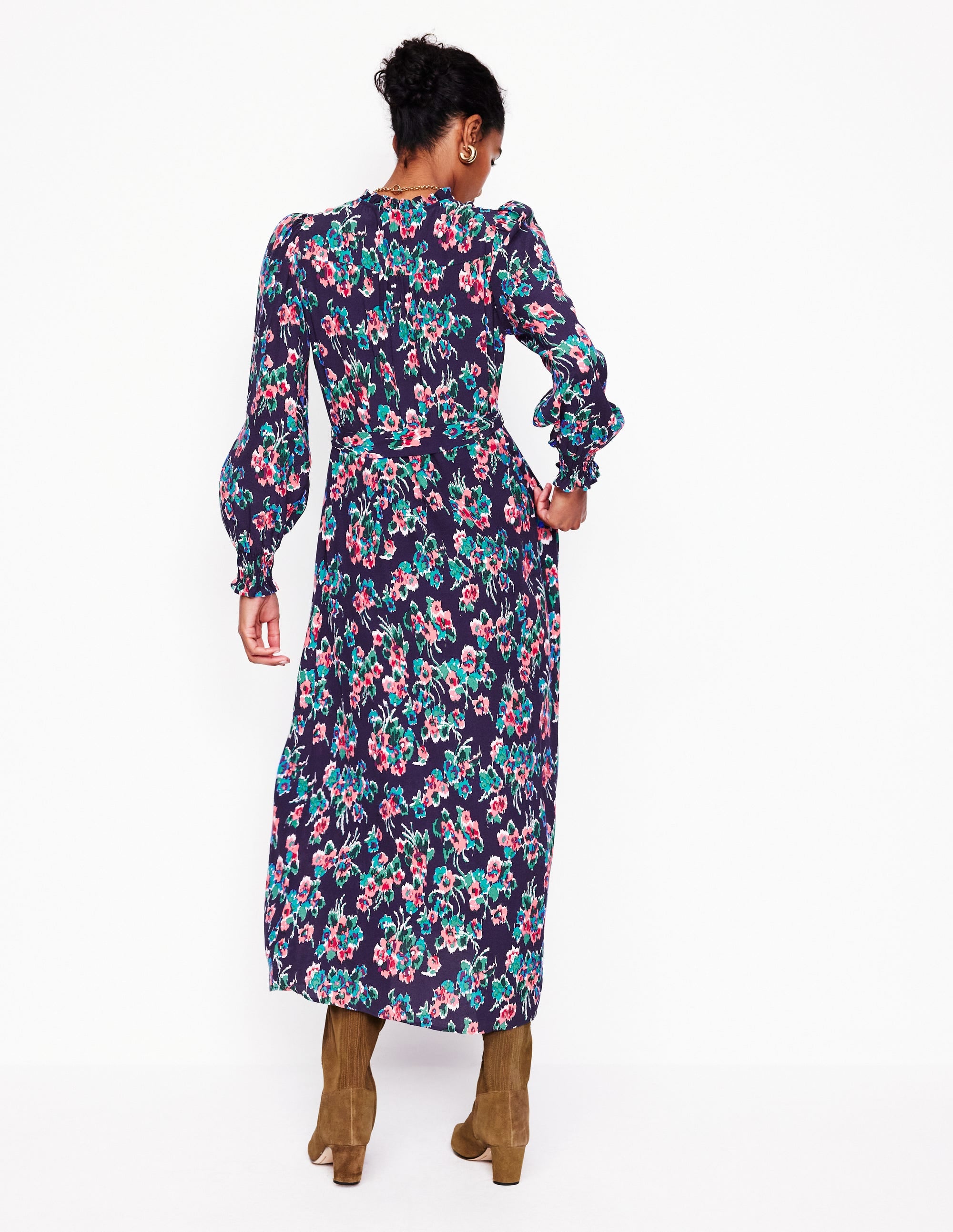 Easy Notch Midi Dress-Navy, Abstract Posy - Image 3