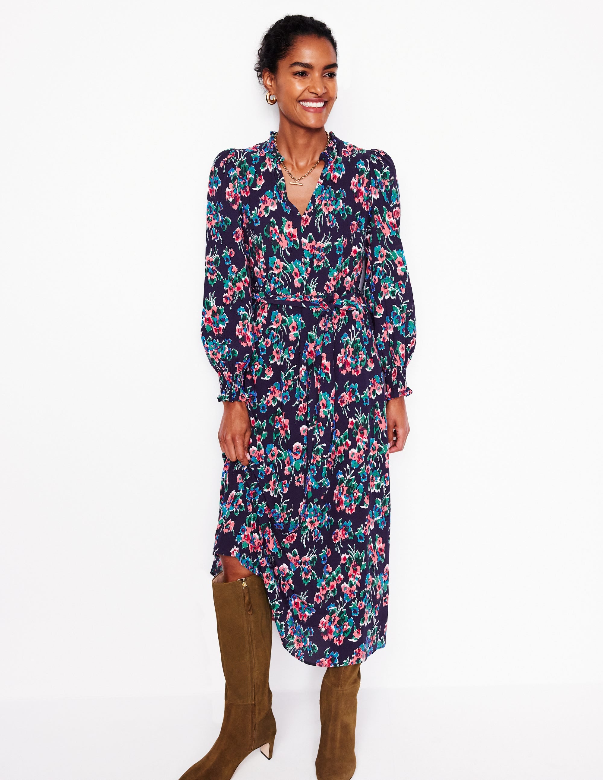 Easy Notch Midi Dress-Navy, Abstract Posy - Image 4