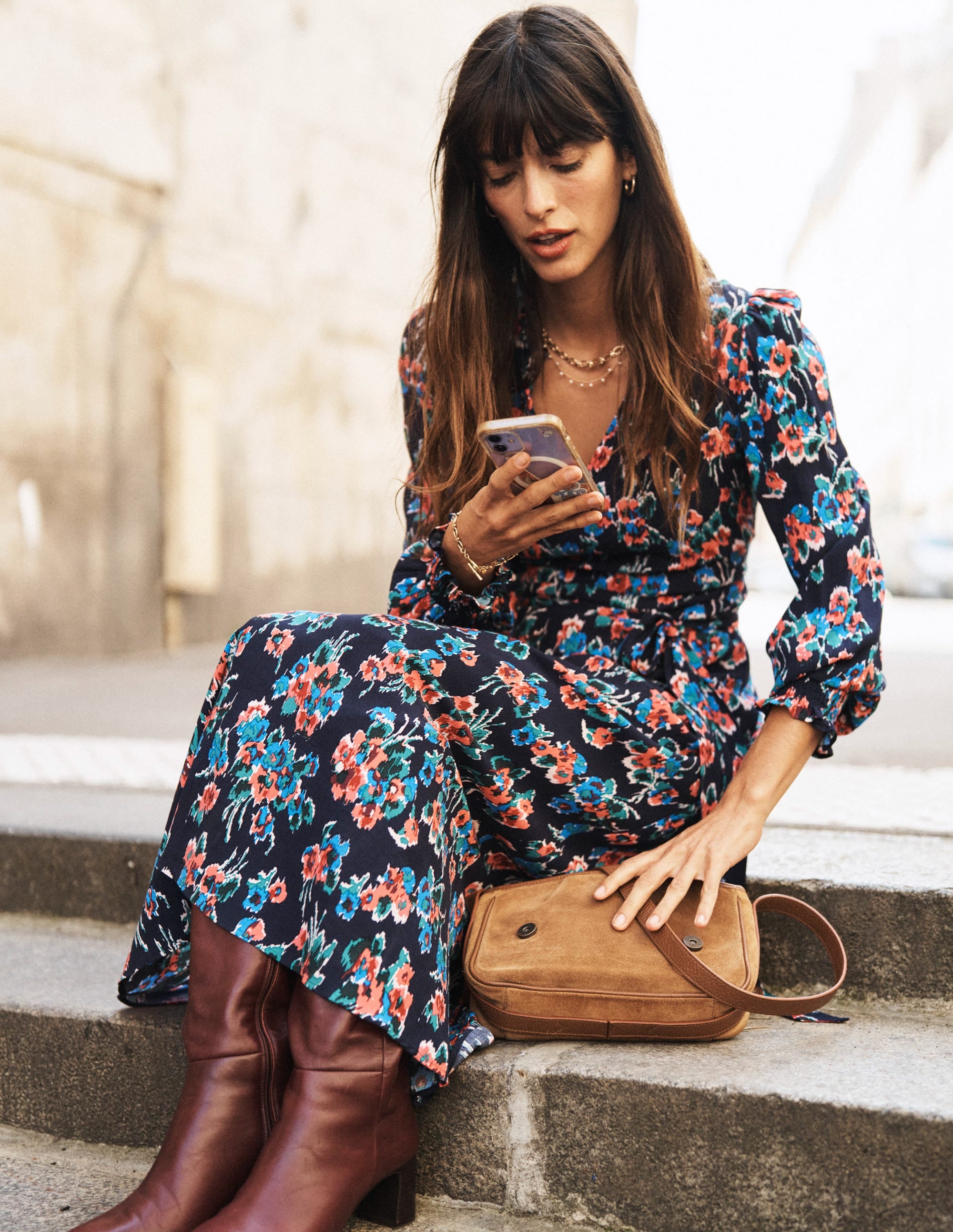 Easy Notch Midi Dress-Navy, Abstract Posy - Image 5