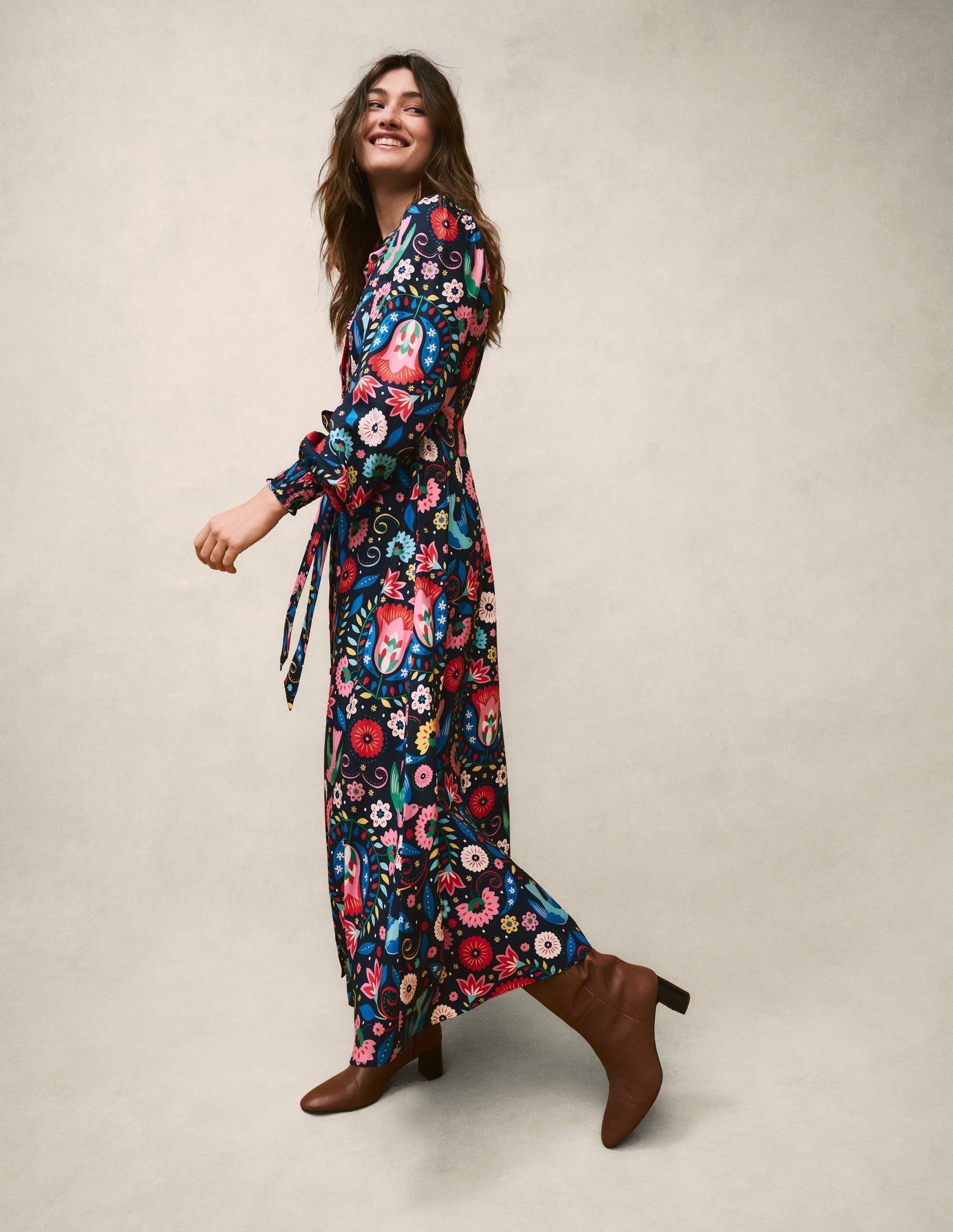 Ruby Collarless Shirt Dress-French Navy, Decorative Garden - Image 2