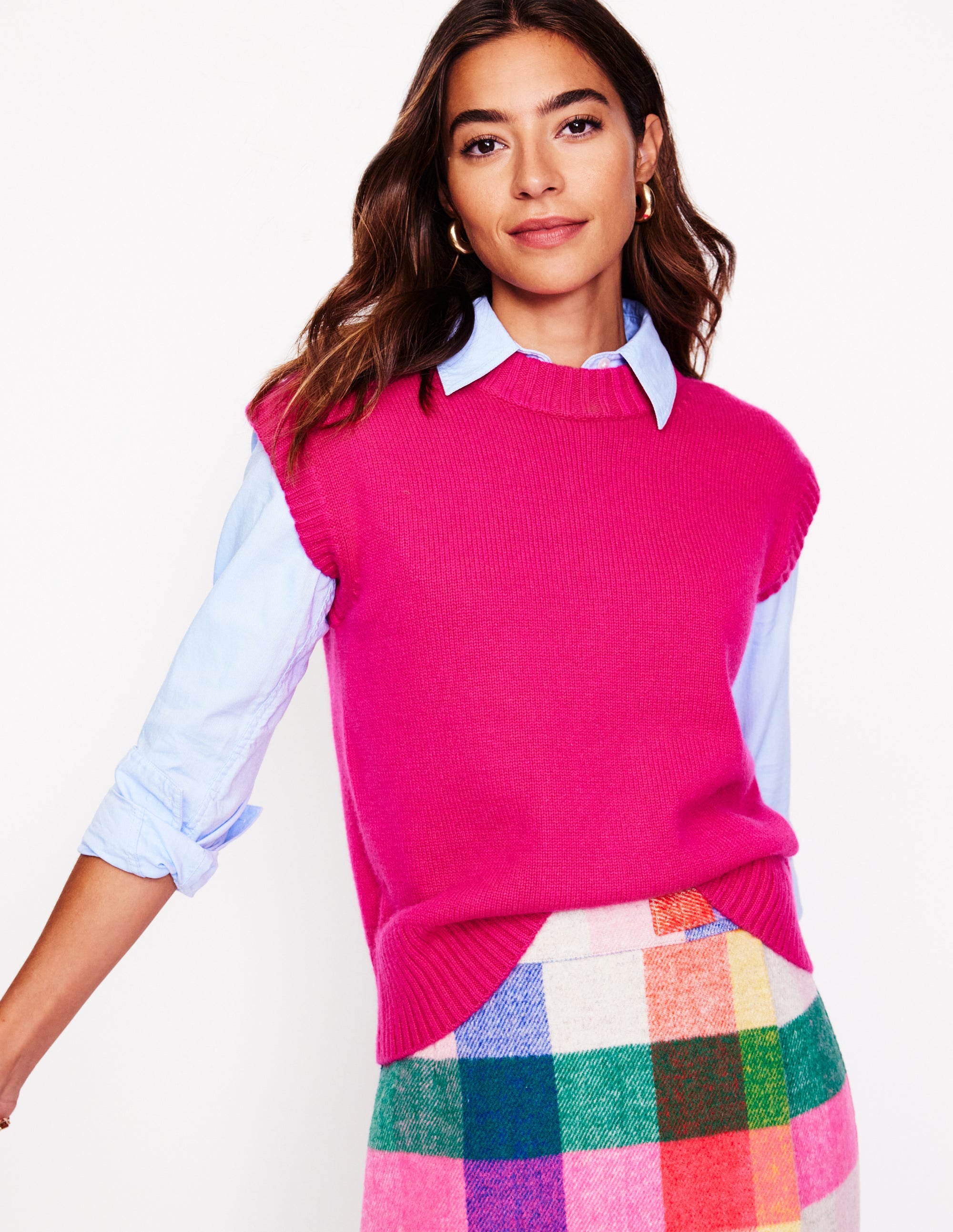 Chunky Cashmere Crew Neck Tank-Bright Pink - Image 1