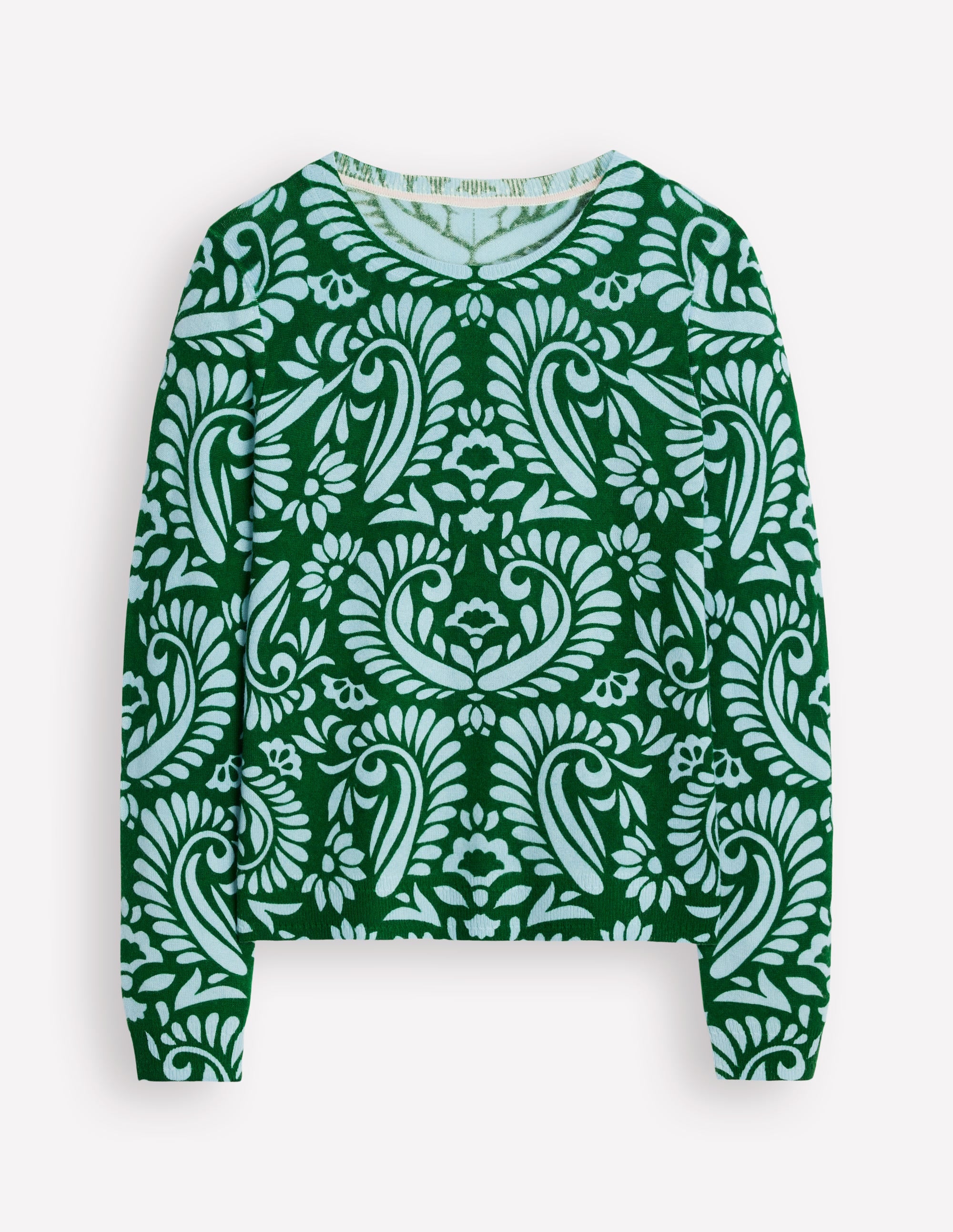 Eva Cashmere Crew Neck Jumper-Pine Green, Decorative Flora - Image 5