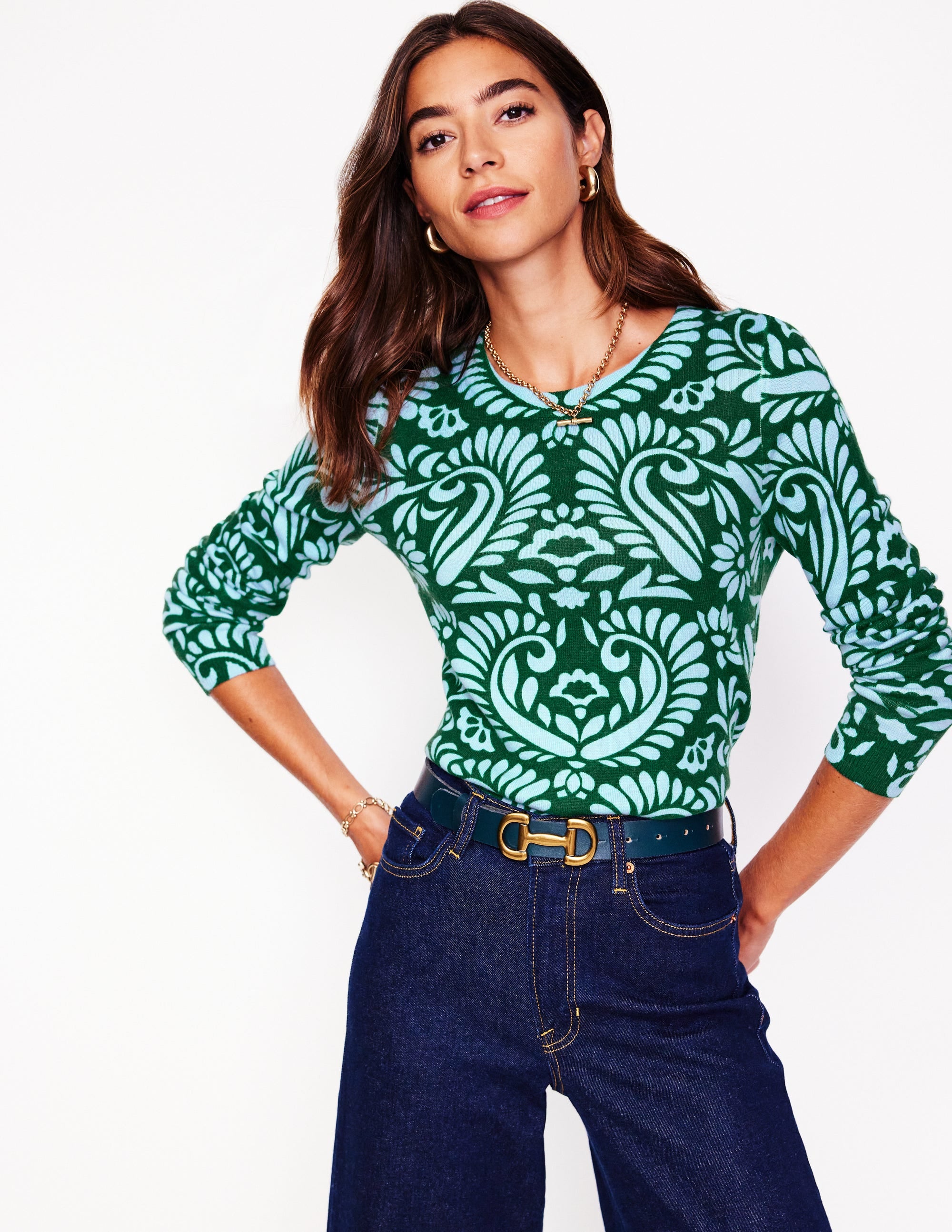 Eva Cashmere Crew Neck Jumper-Pine Green, Decorative Flora - Image 1