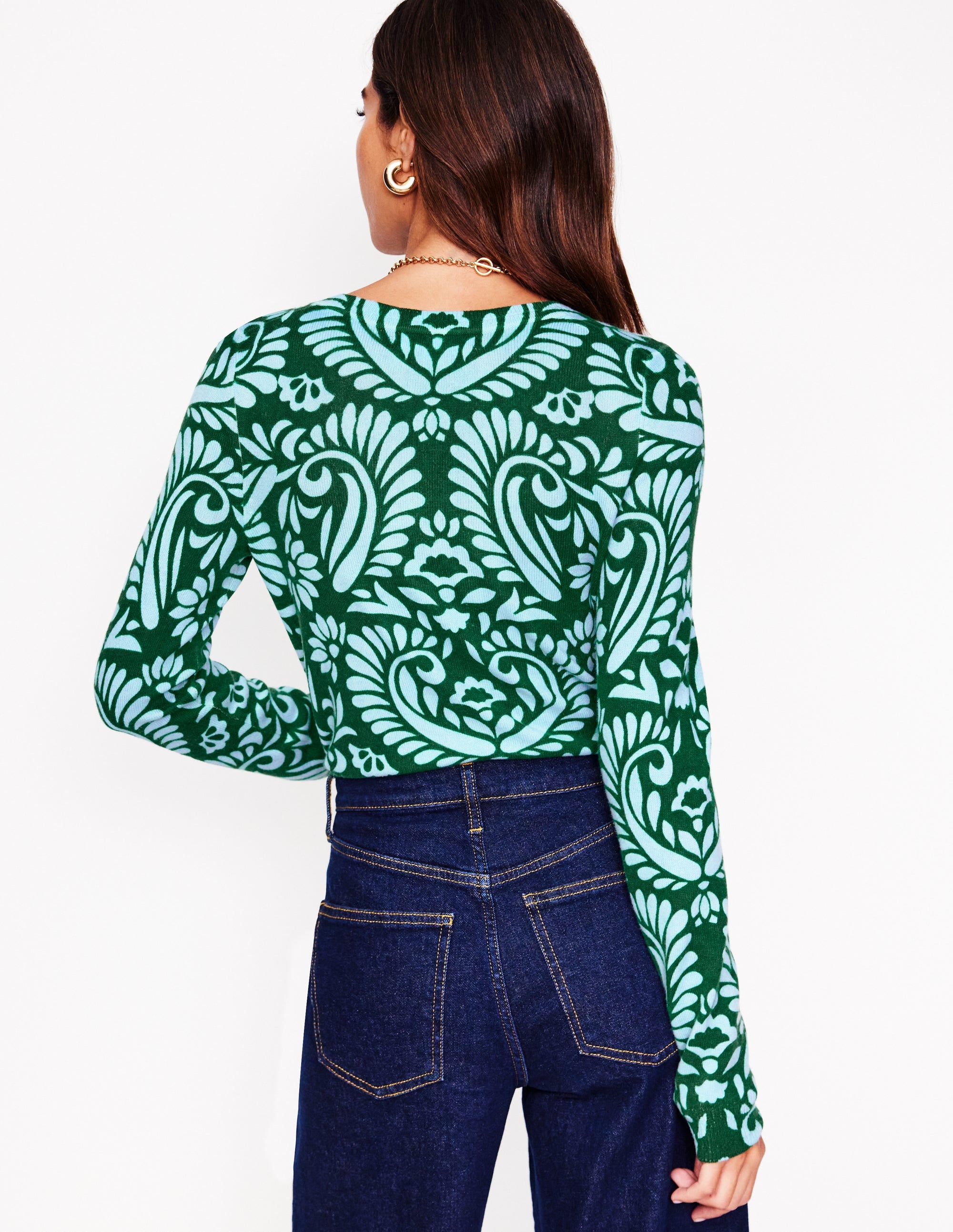 Eva Cashmere Crew Neck Jumper-Pine Green, Decorative Flora - Image 3