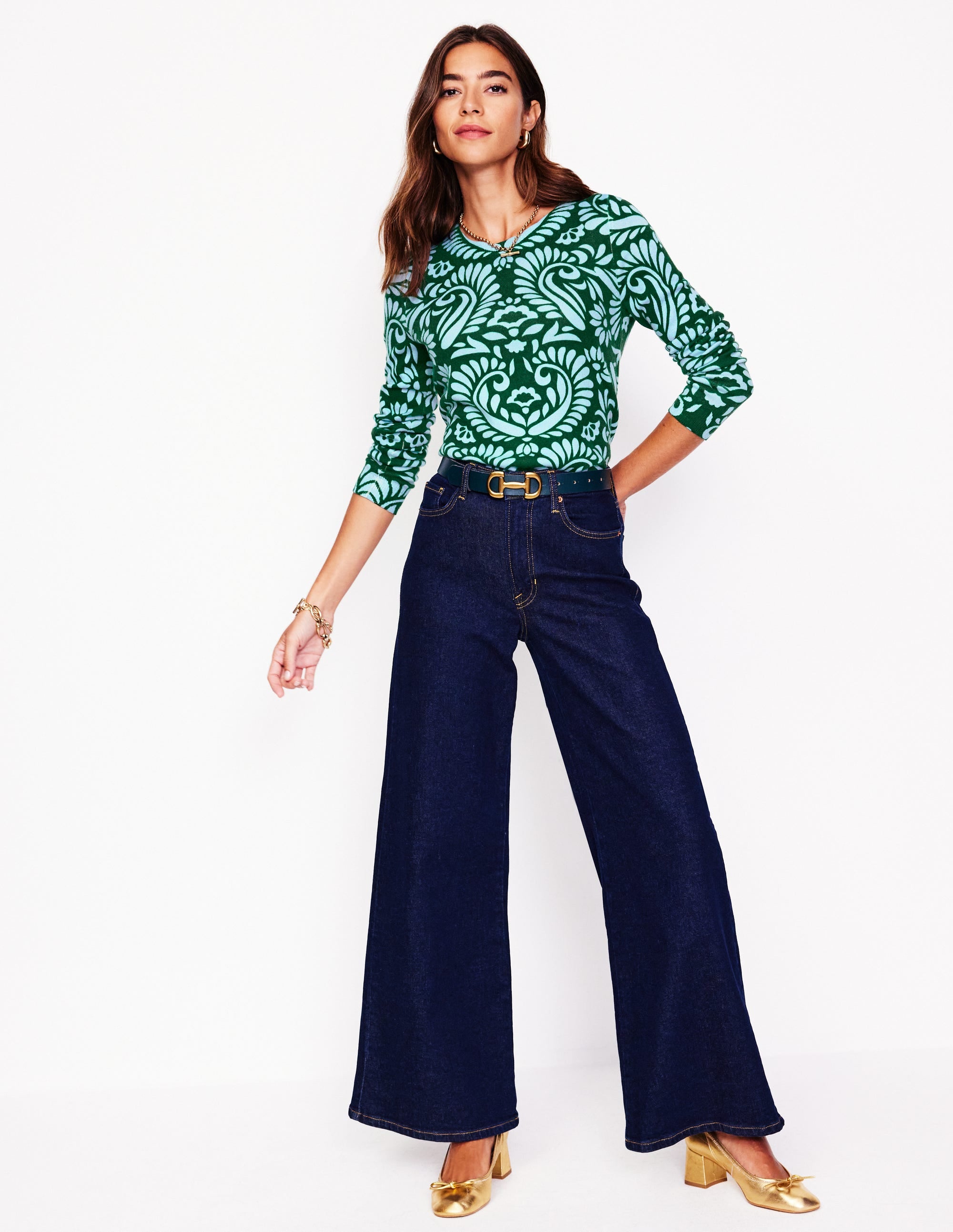 Eva Cashmere Crew Neck Jumper-Pine Green, Decorative Flora - Image 4