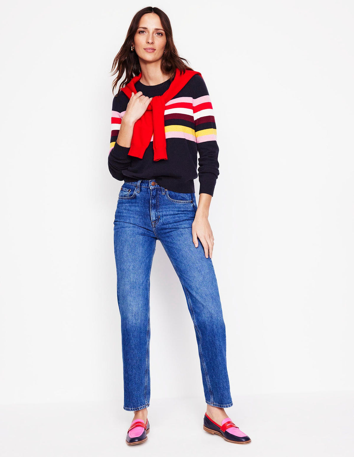 Eva Cashmere Crew Neck Jumper-Navy, Rainbow - Image 5
