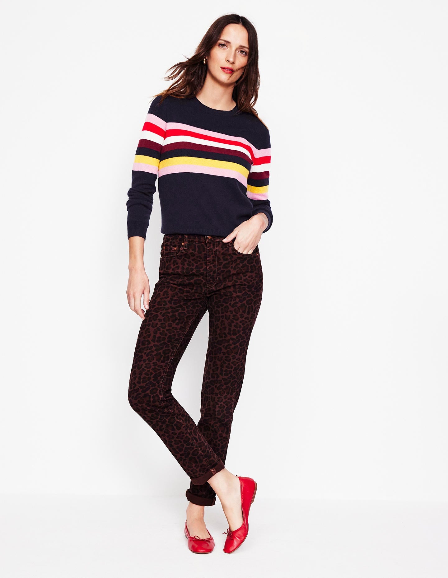 Eva Cashmere Crew Neck Jumper-Navy, Rainbow - Image 6