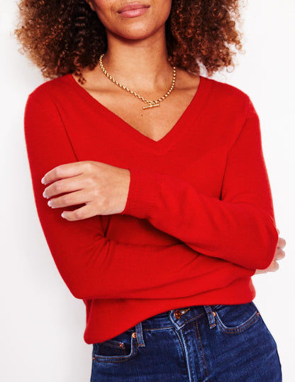 Eva Cashmere V-neck Jumper-Rouge Red-2