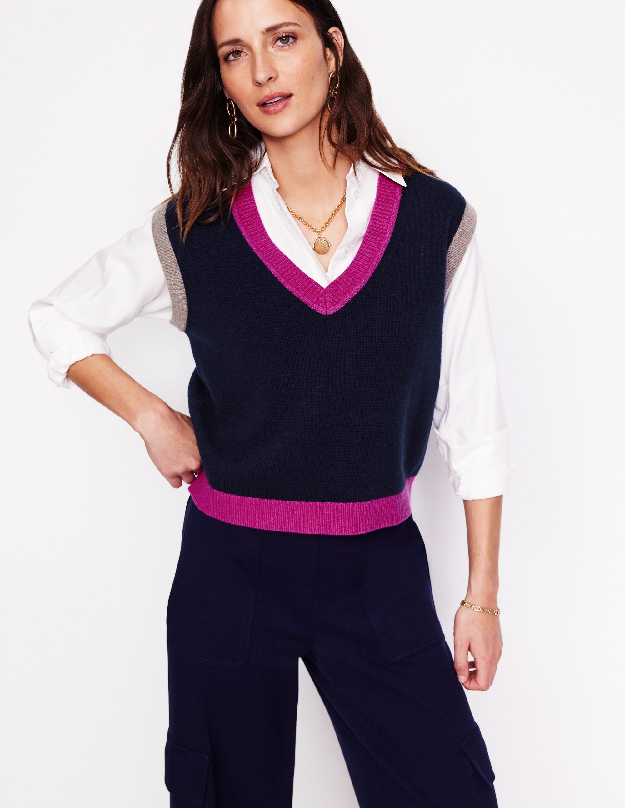 Olivia Merino Tank-Navy, Colour Block - Image 1