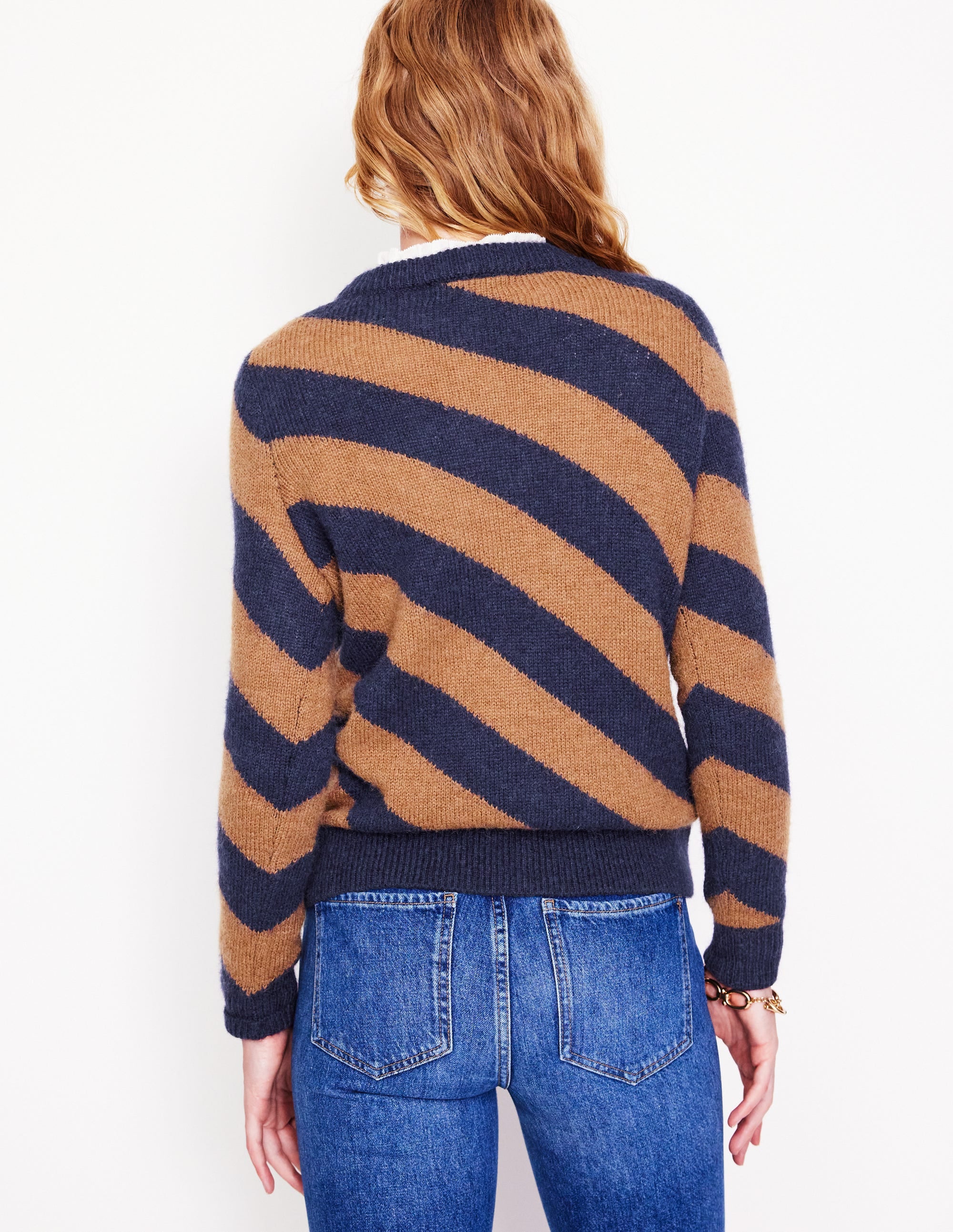 Fluffy Diagonal Stripe Jumper-Camel/ Navy - Image 3