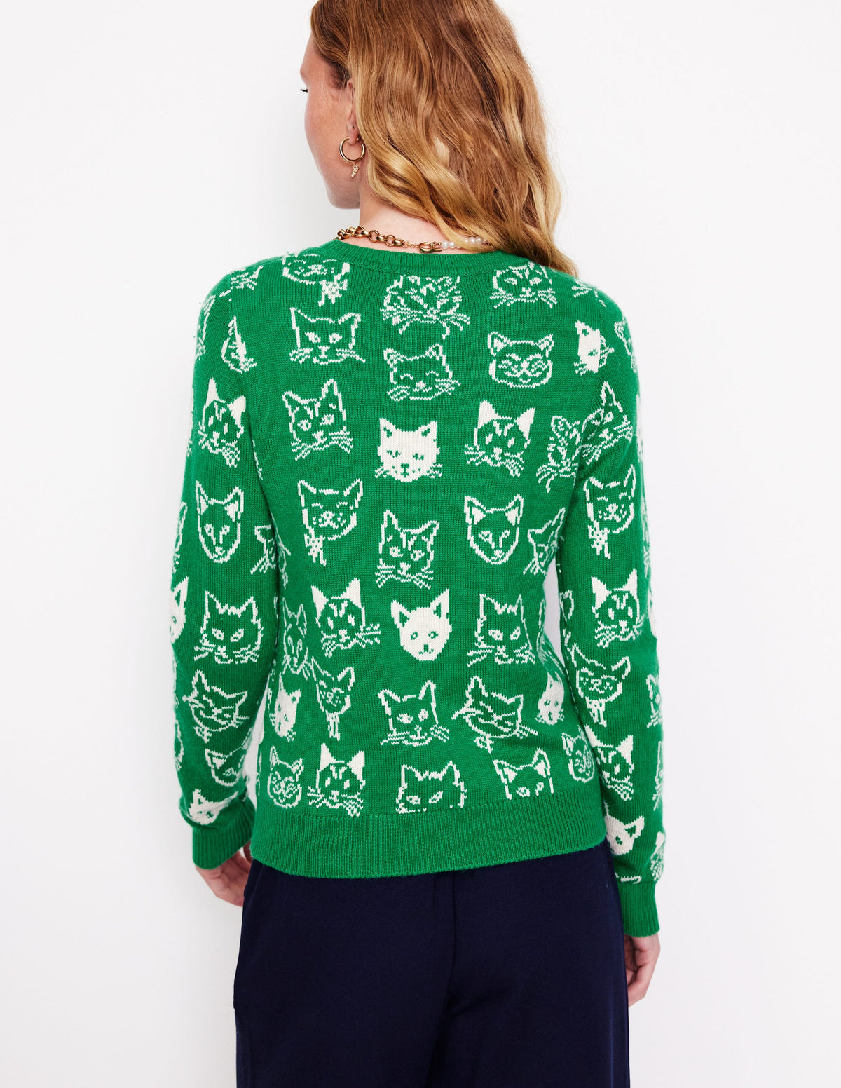 Heather Jacquard Jumper-Rich Emerald Green, Cats - Image 3