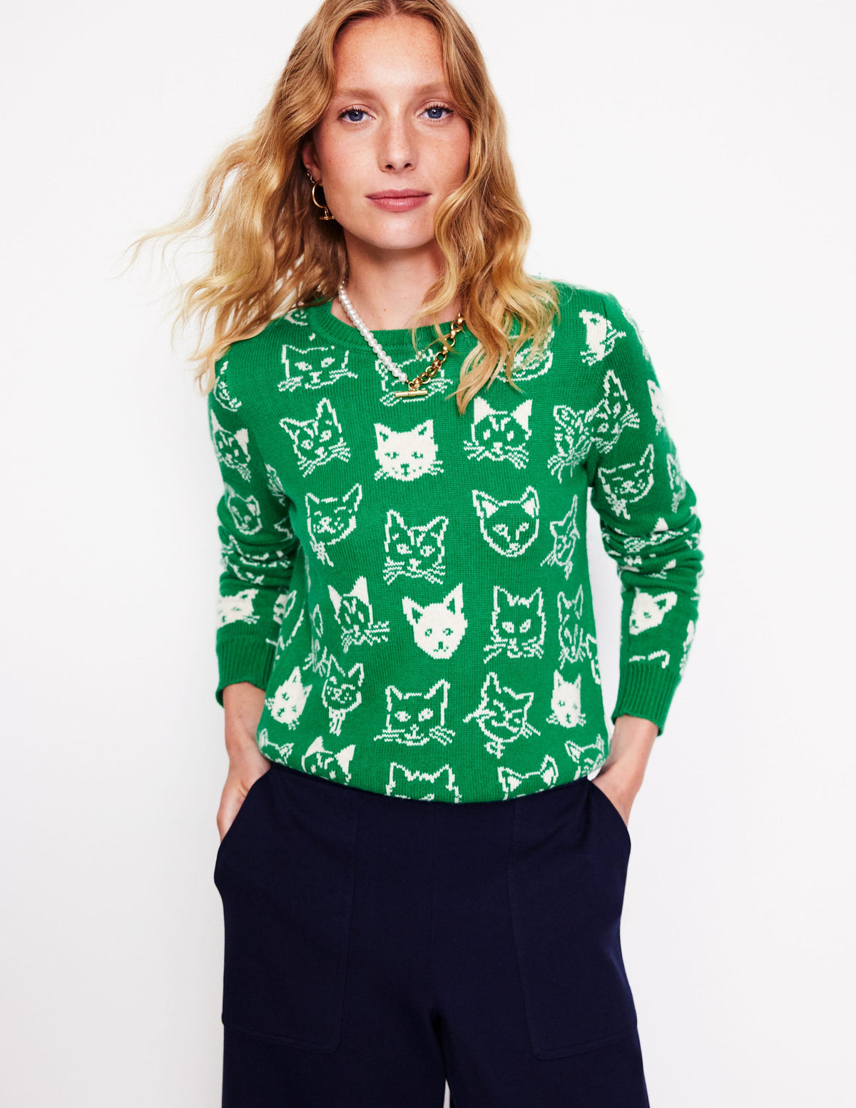 Heather Jacquard Jumper-Rich Emerald Green, Cats - Image 4
