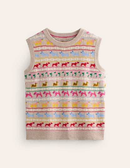 Edie Fair Isle Tank-Oatmeal Melange, Multi Dogs-8