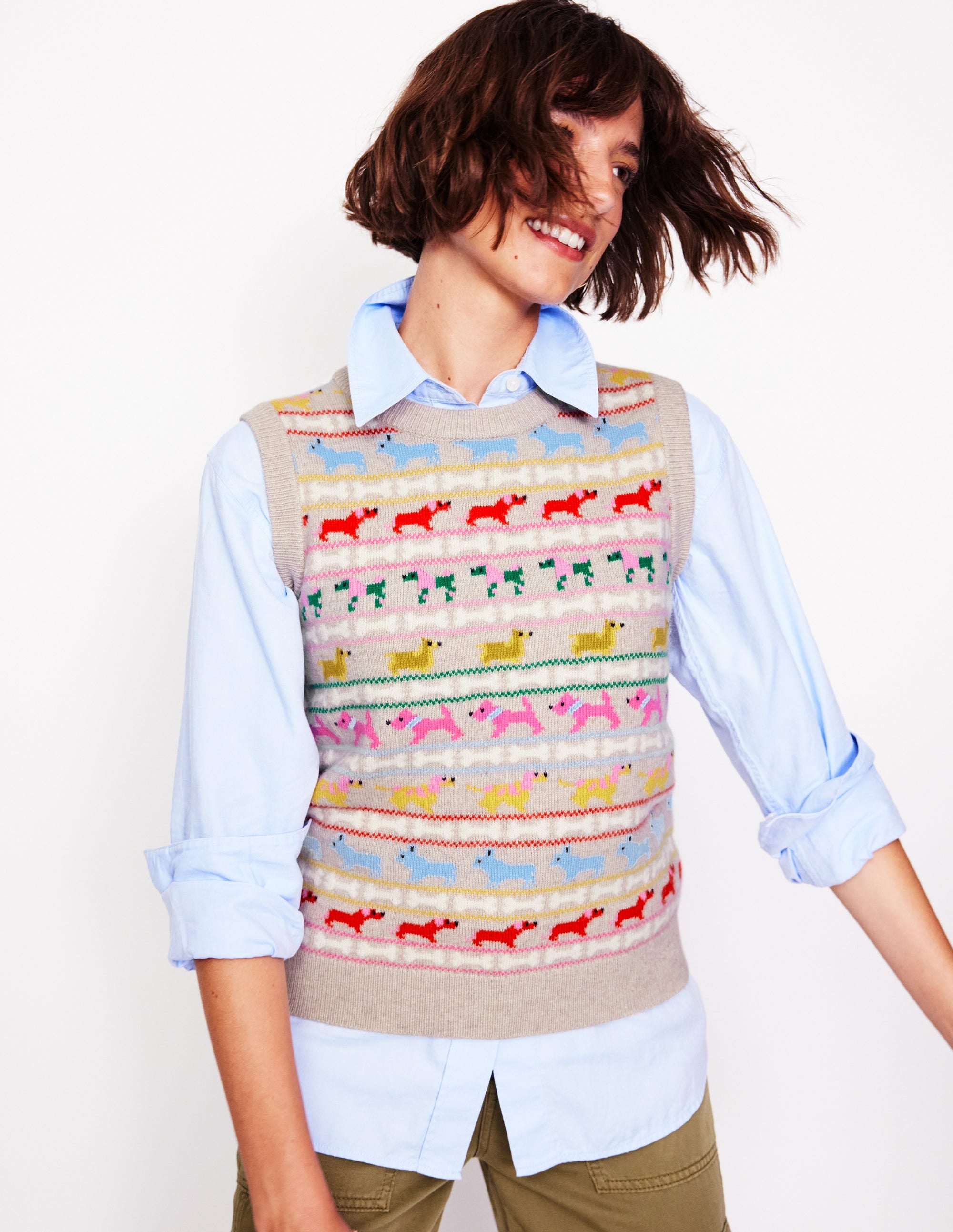 Edie Fair Isle Tank-Oatmeal Melange, Multi Dogs - Image 1