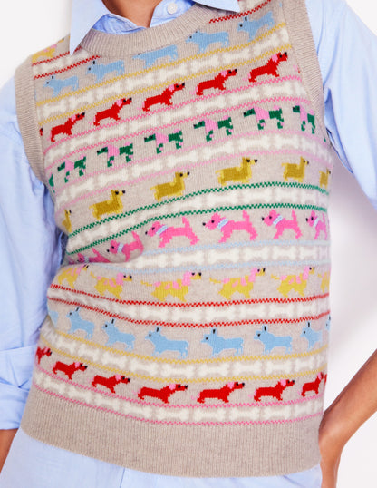Edie Fair Isle Tank-Oatmeal Melange, Multi Dogs-2