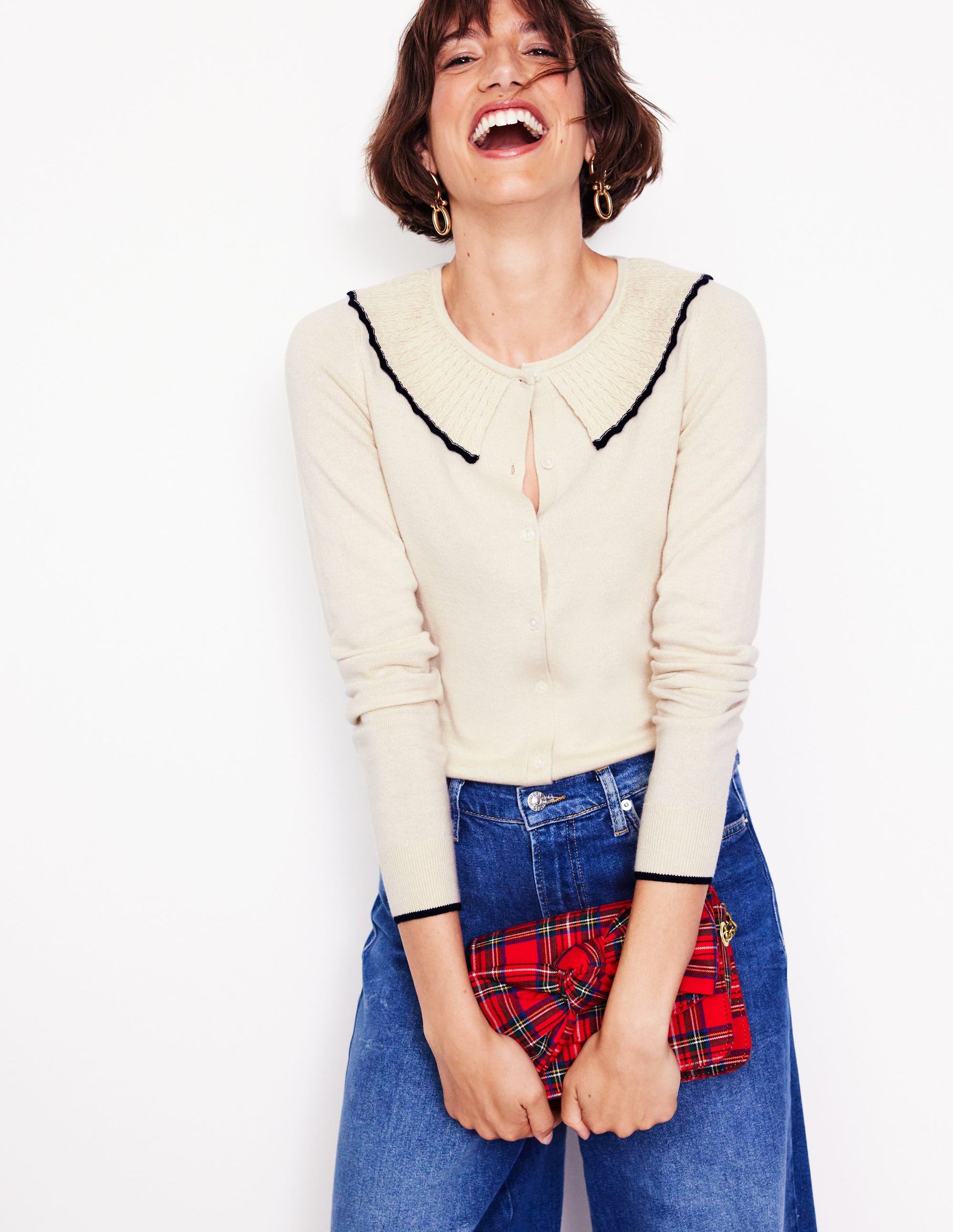 Frill Collared Cardigan-Oatmeal Melange-1