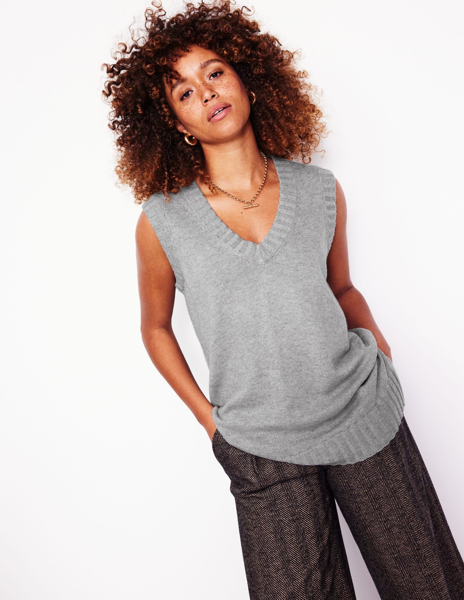 Longline V-Neck Tank-Mink Melange-1
