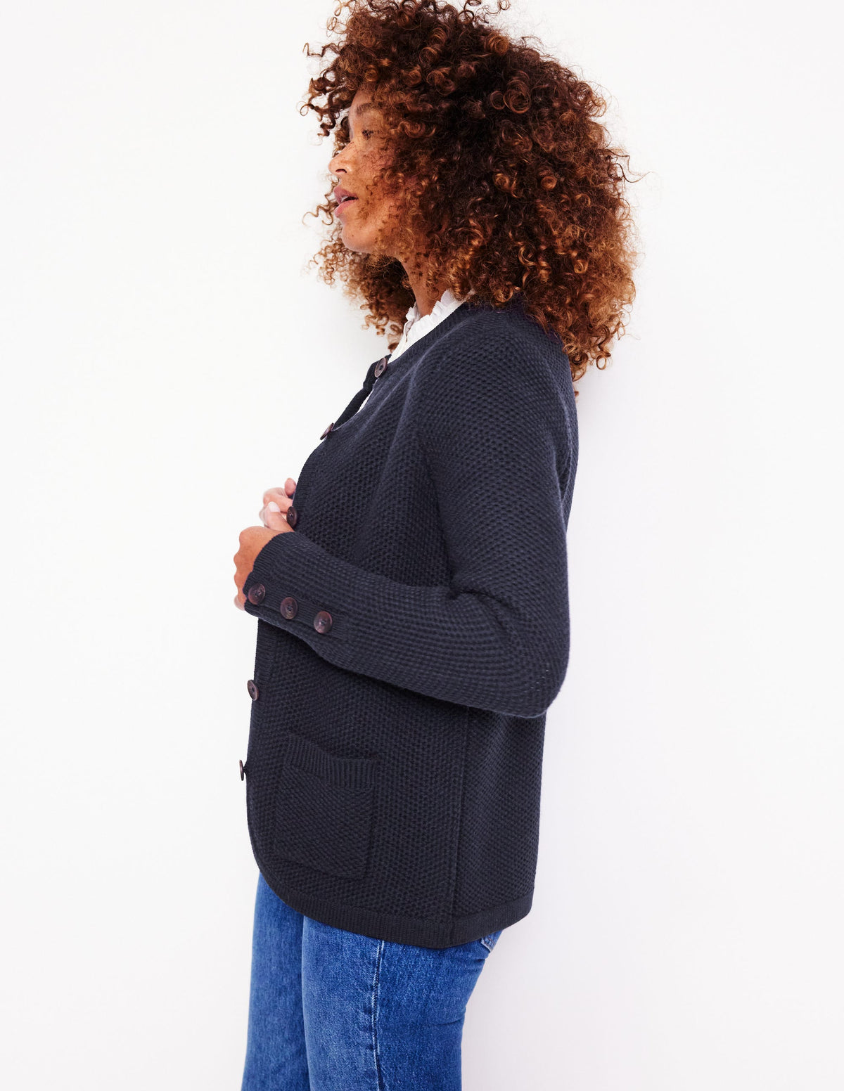 Textured Stitch Cardigan-Navy - Image 4