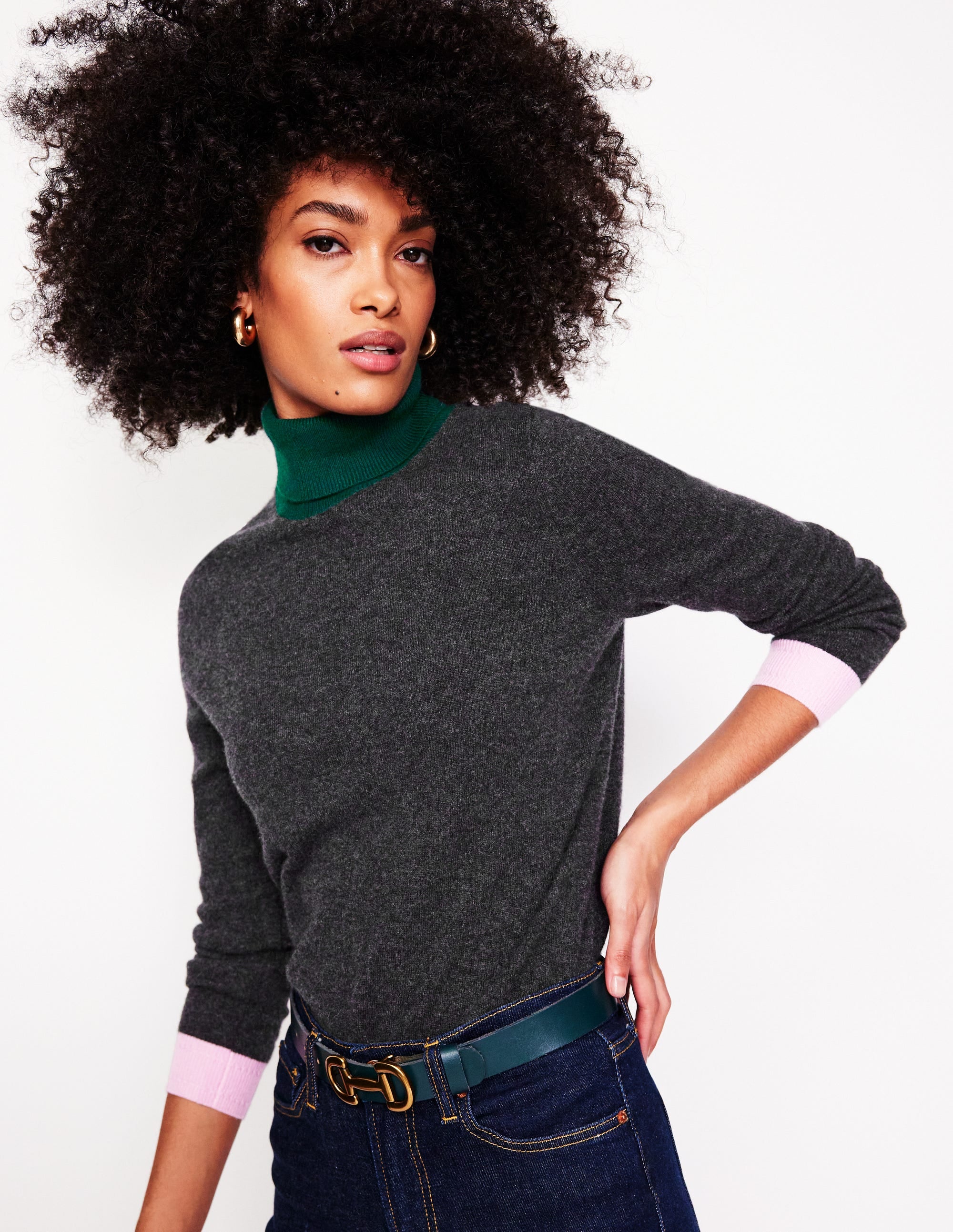 Eva Cashmere Roll Neck Jumper-Charcoal Melange, Colour Block - Image 1