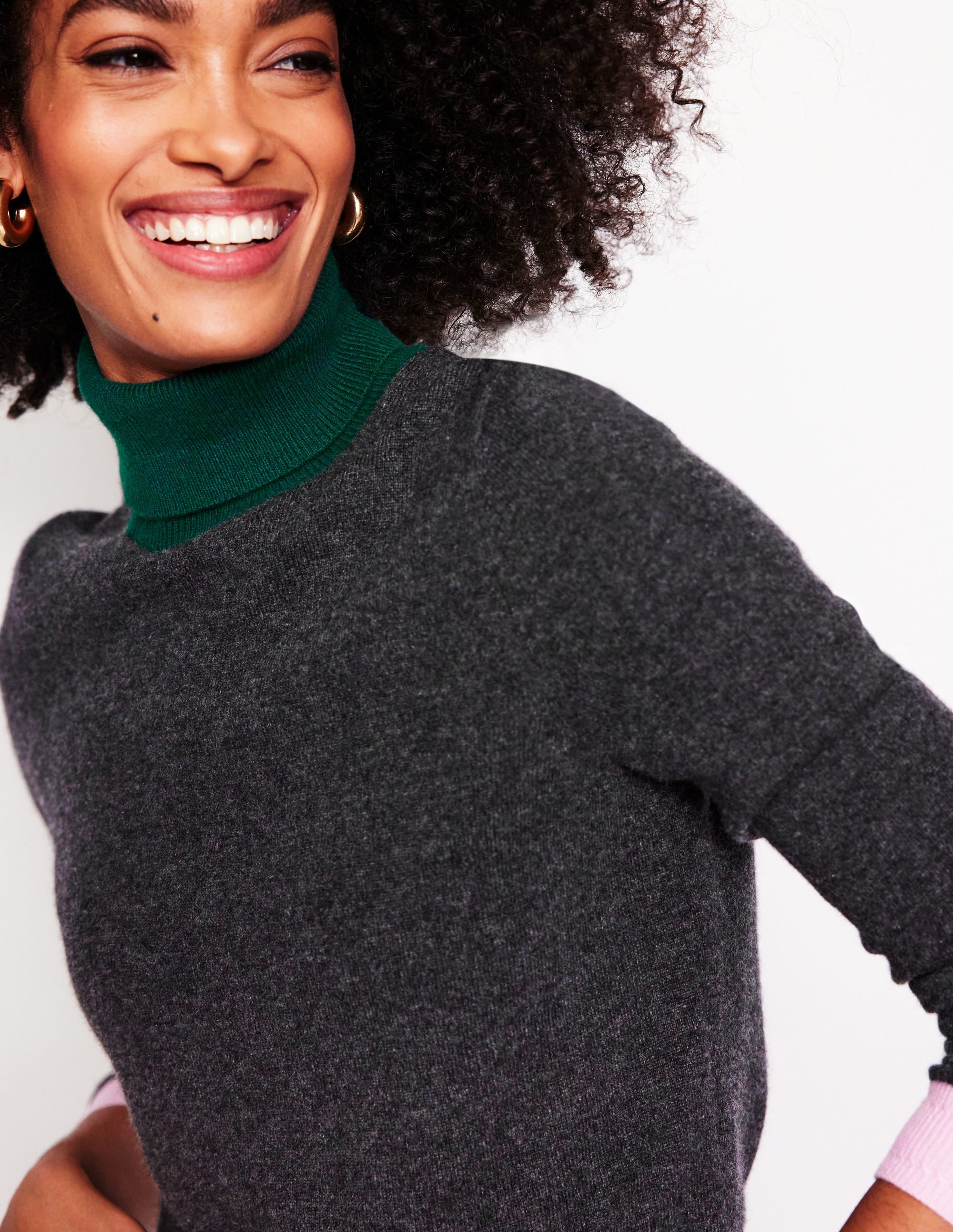 Eva Cashmere Roll Neck Jumper-Charcoal Melange, Colour Block - Image 2