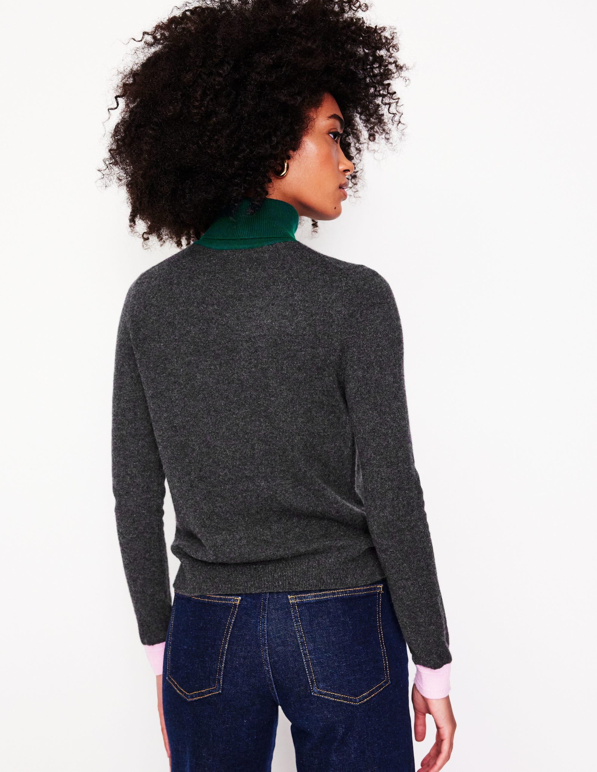 Eva Cashmere Roll Neck Jumper-Charcoal Melange, Colour Block - Image 3