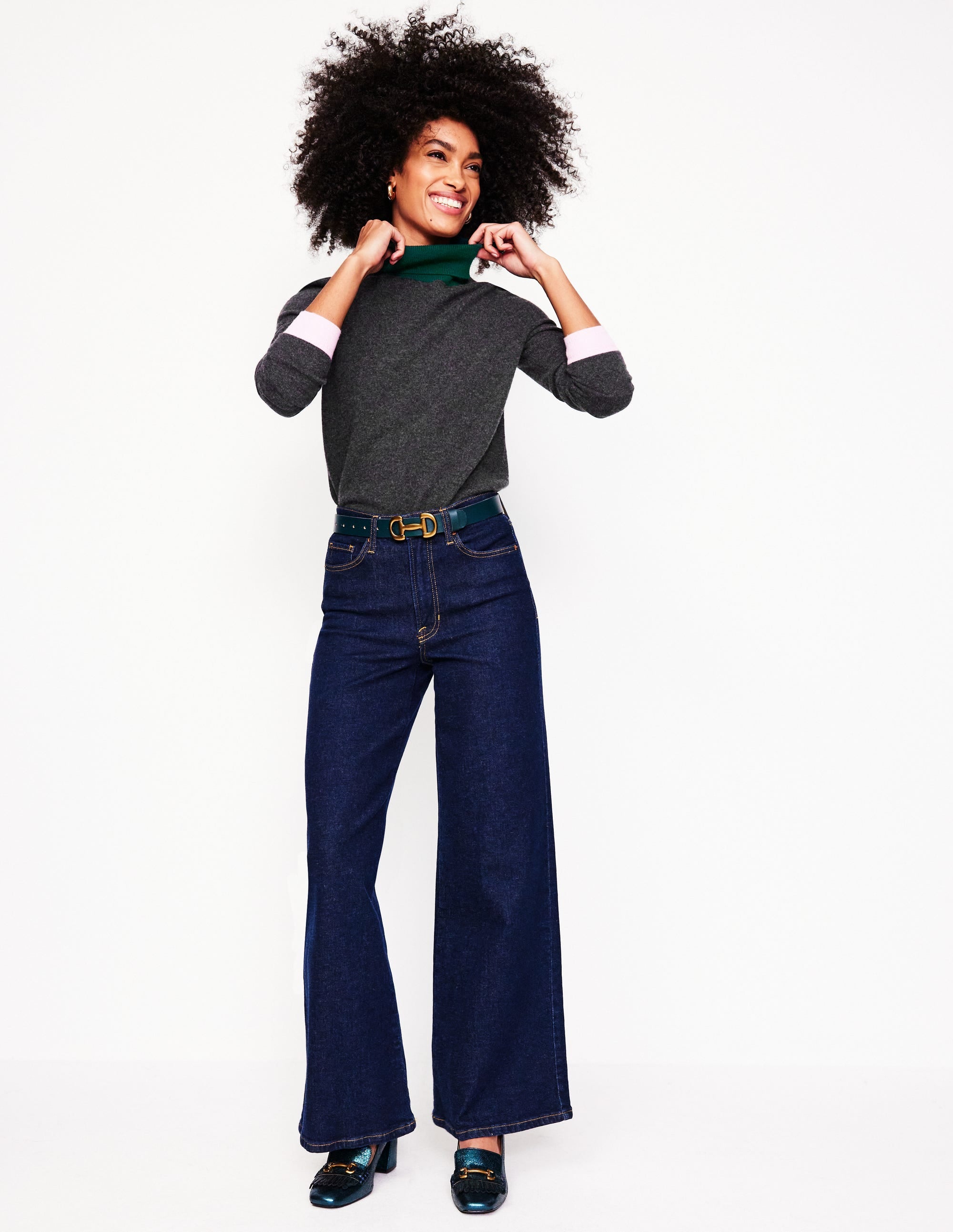 Eva Cashmere Roll Neck Jumper-Charcoal Melange, Colour Block - Image 4