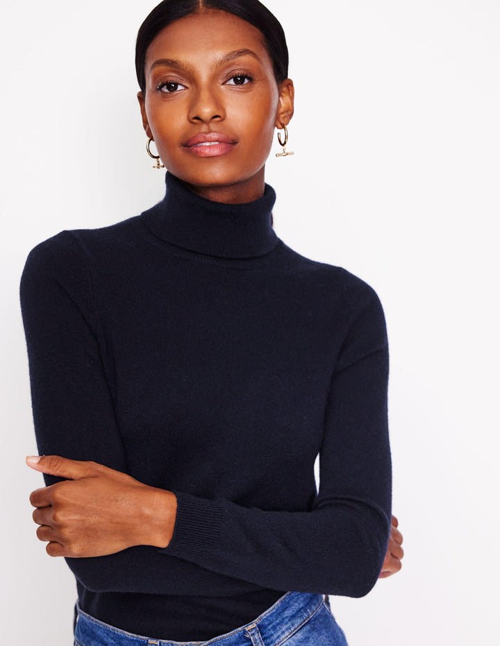 Eva Cashmere Roll Neck Jumper-Dark Blue