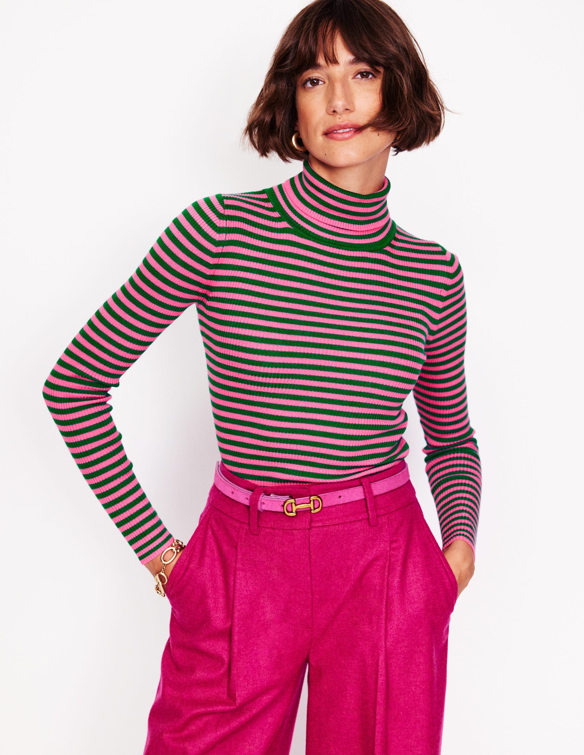 Catriona Roll Neck Jumper-Carmine Rose, Malachite Green-1