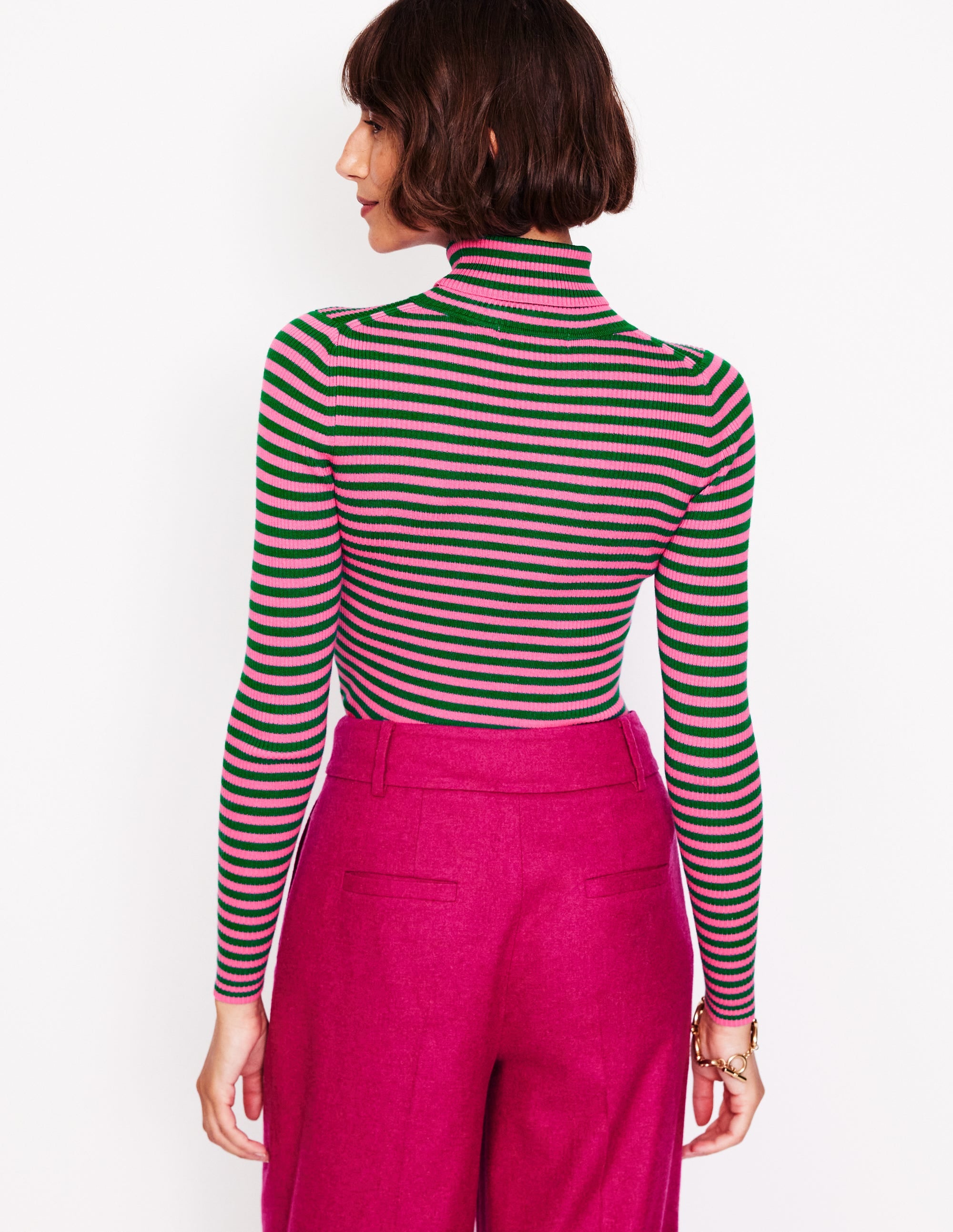 Catriona Roll Neck Jumper-Carmine Rose, Malachite Green - Image 3