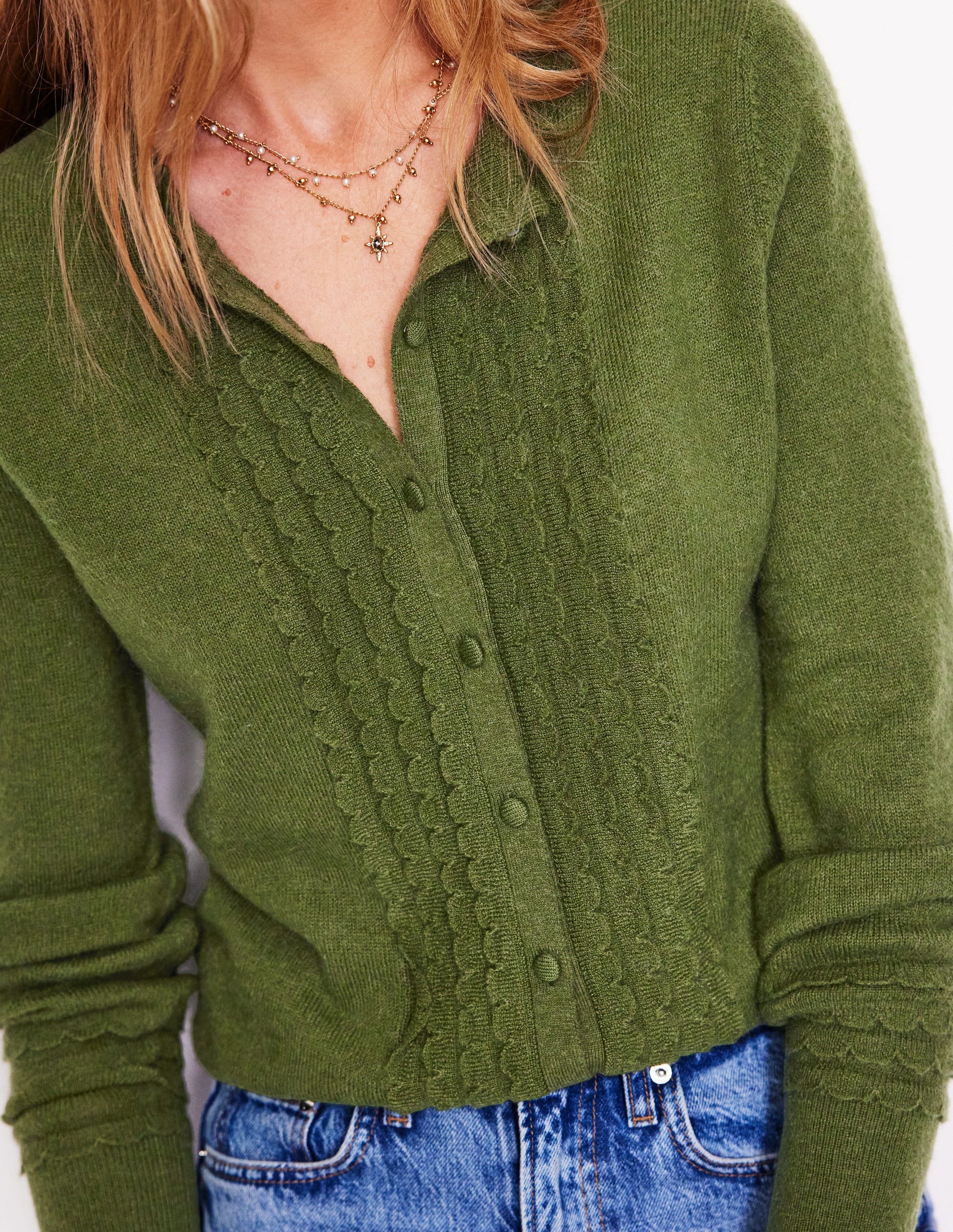 Scallop Sleeve Cardigan-Oregano Green-2