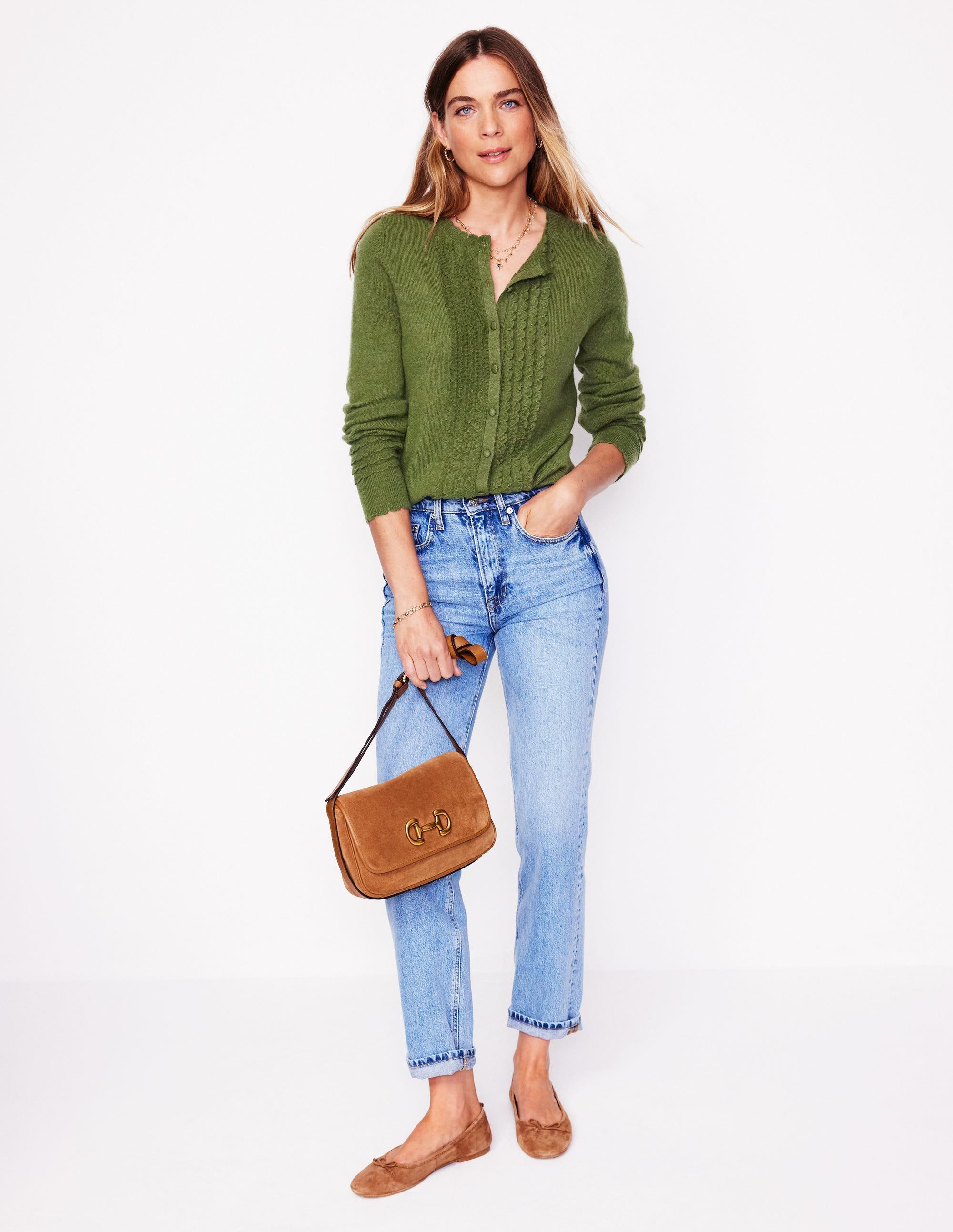 Scallop Sleeve Cardigan-Oregano Green - Image 4