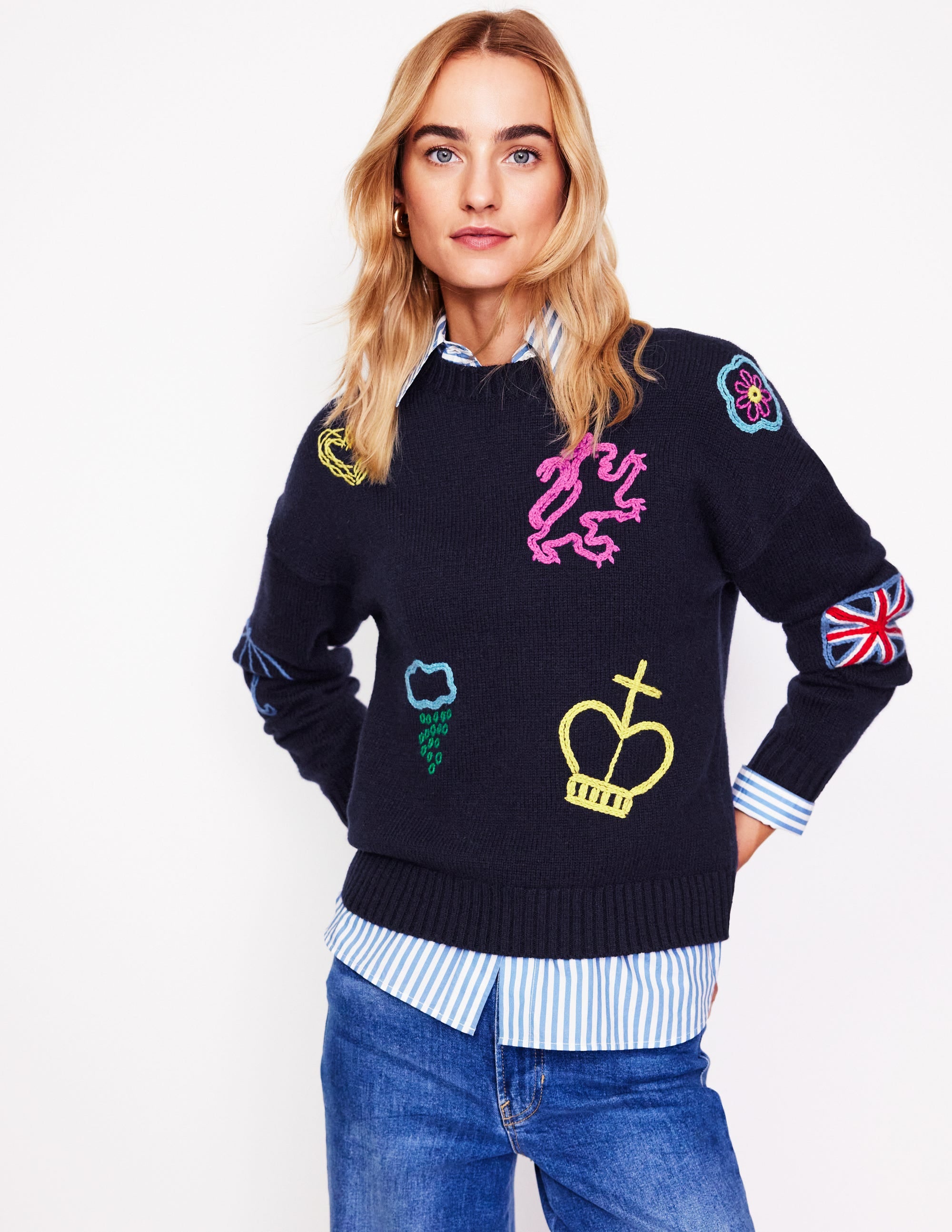 Natalie Embroidered Jumper-Navy, British Icons - Image 1