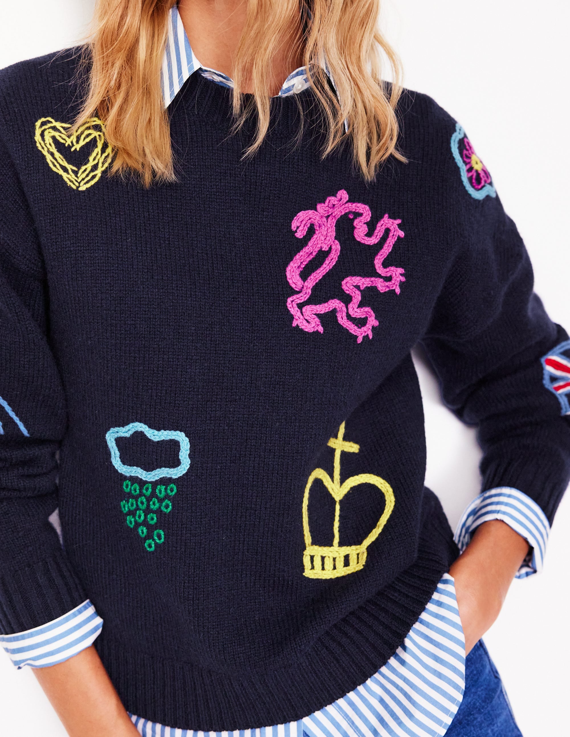 Natalie Embroidered Jumper-Navy, British Icons - Image 2