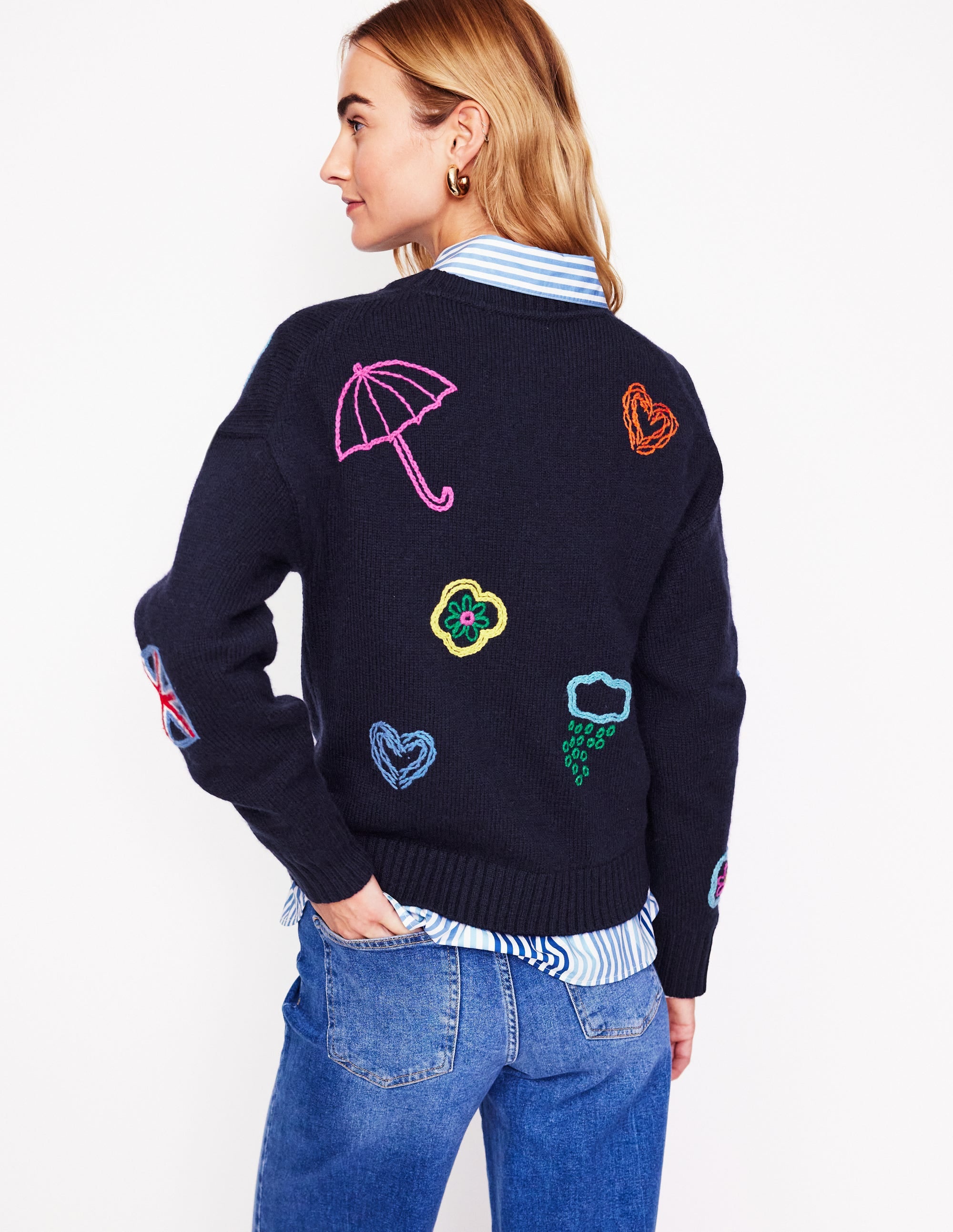 Natalie Embroidered Jumper-Navy, British Icons - Image 3