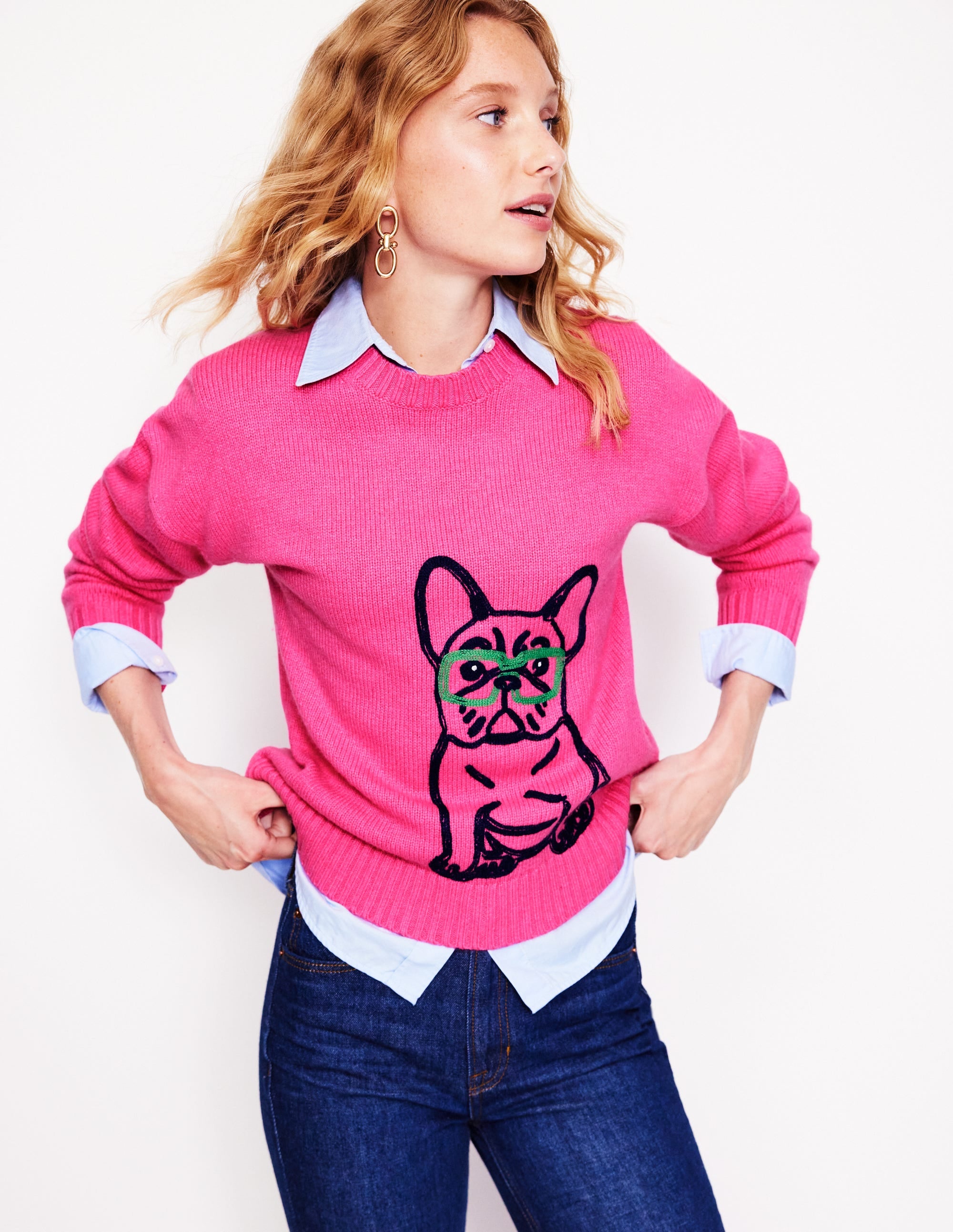 Natalie Embroidered Jumper-Party Pink, Bulldog - Image 1