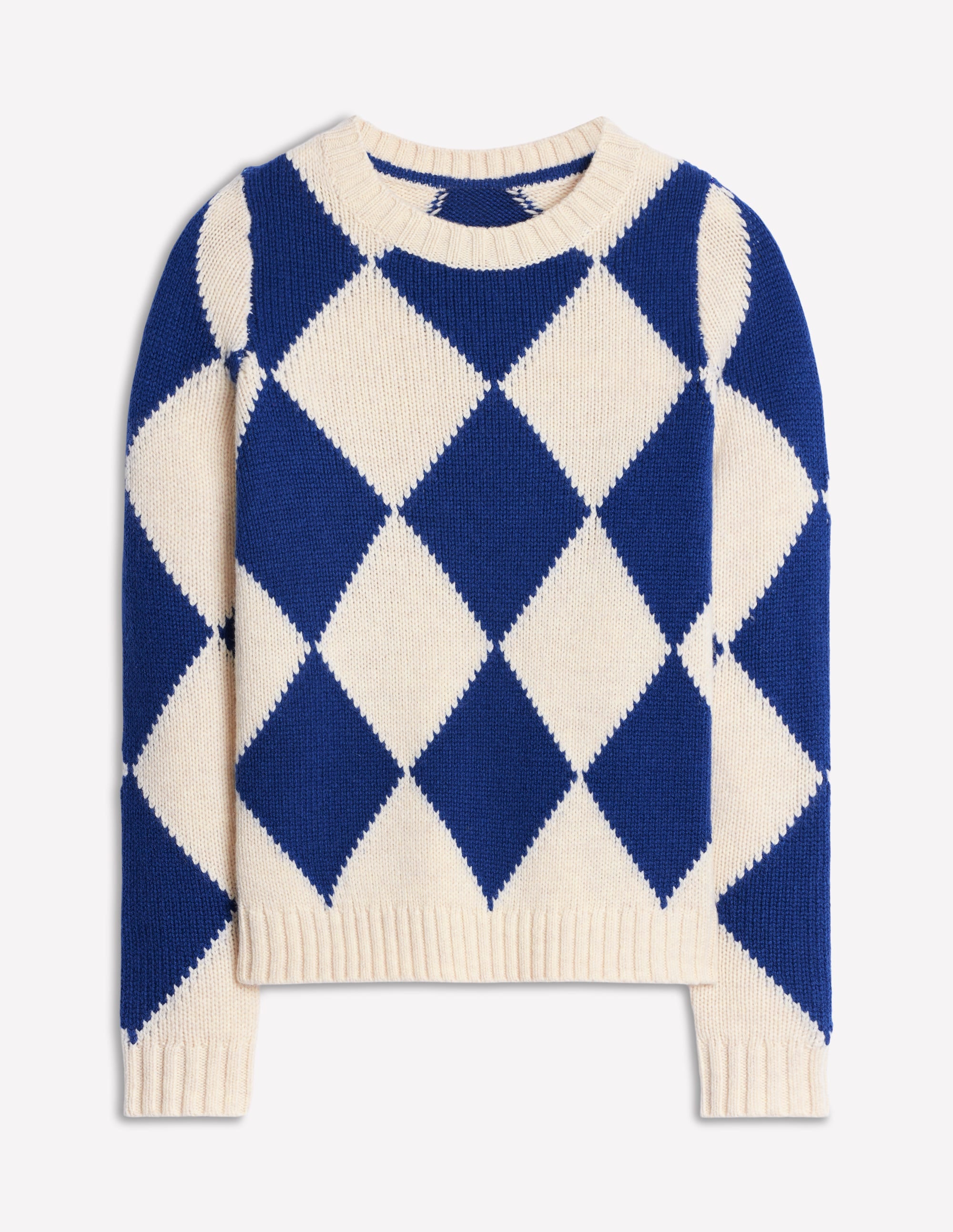 Argyle Crew Neck Jumper-Ecru Marl, Bright Blue - Image 5