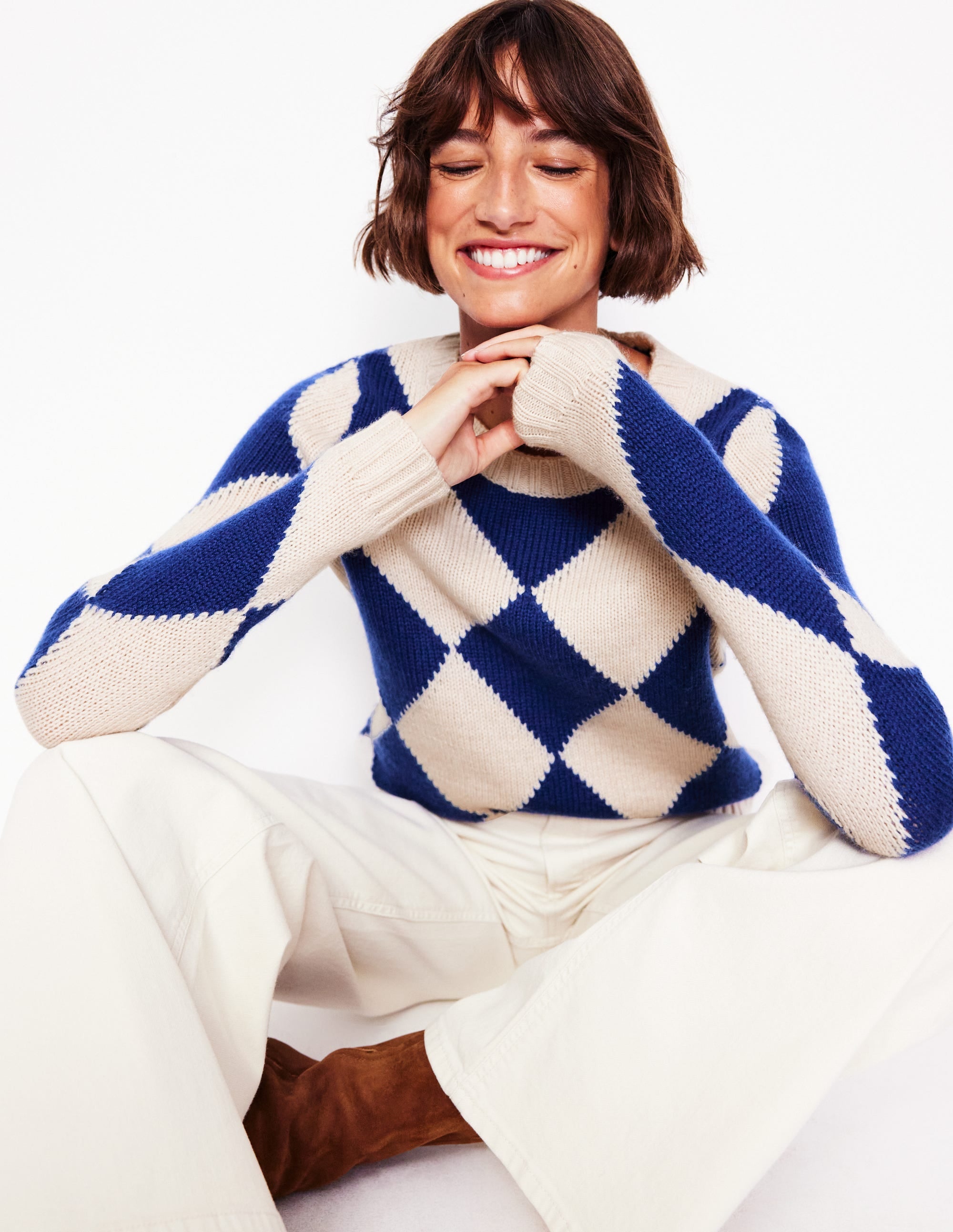 Argyle Crew Neck Jumper-Ecru Marl, Bright Blue - Image 1