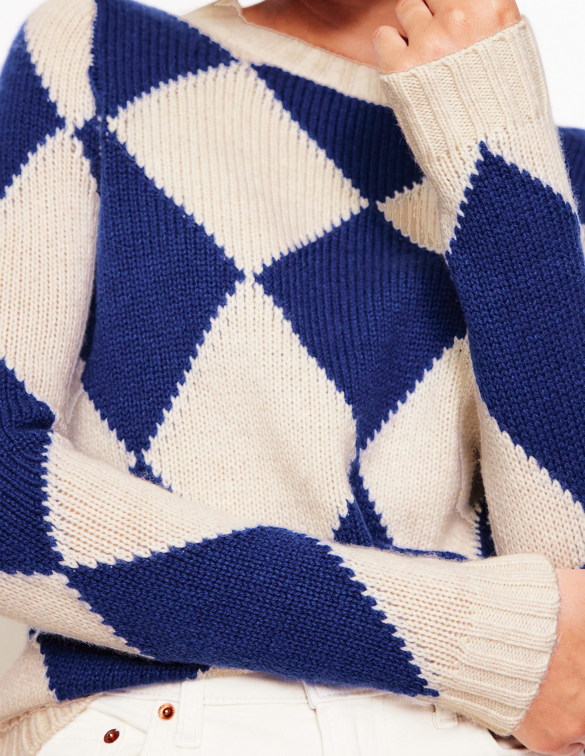 Argyle Crew Neck Jumper-Ecru Marl, Bright Blue - Image 2
