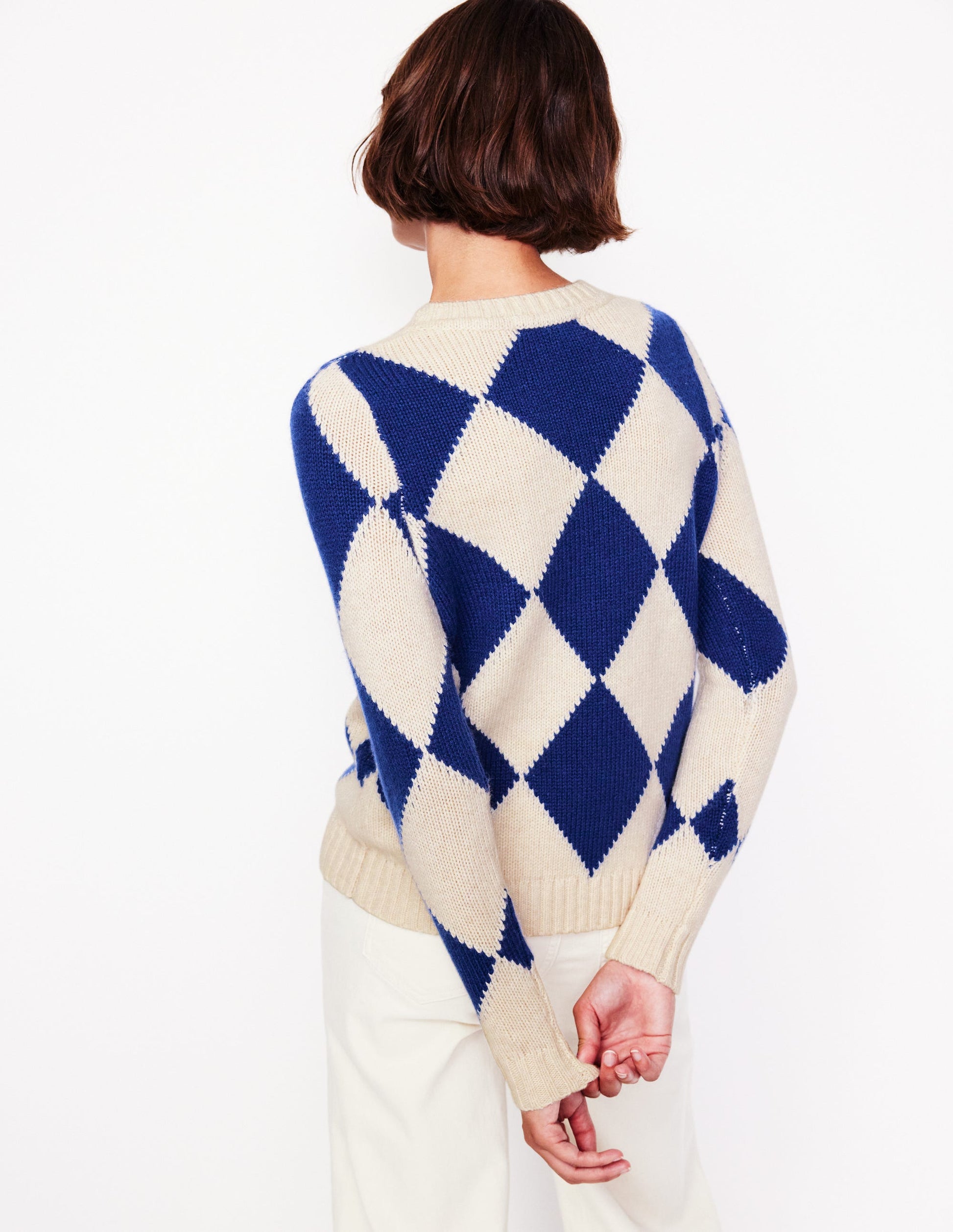 Argyle Crew Neck Jumper-Ecru Marl, Bright Blue-3