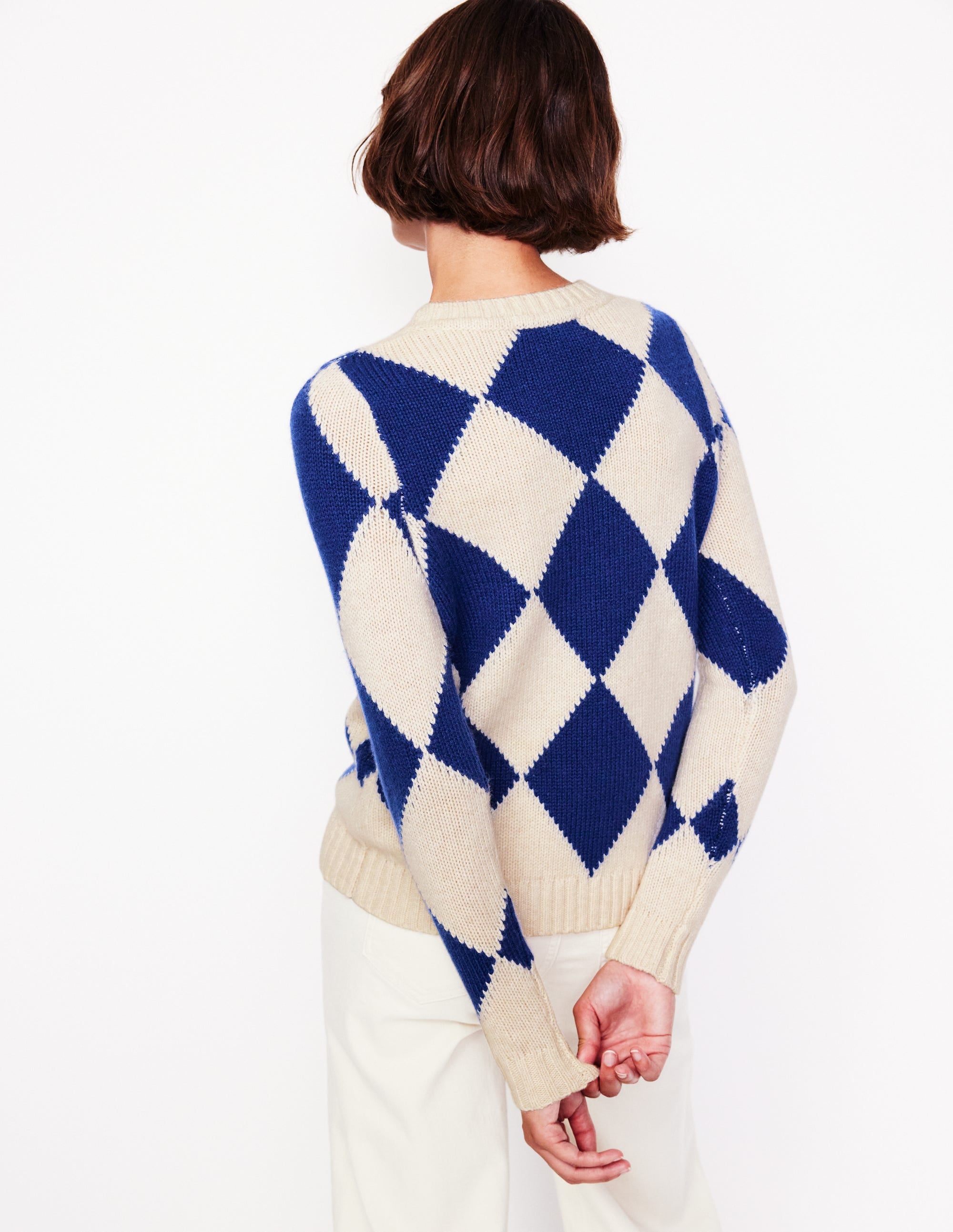 Argyle Crew Neck Jumper-Ecru Marl, Bright Blue - Image 3