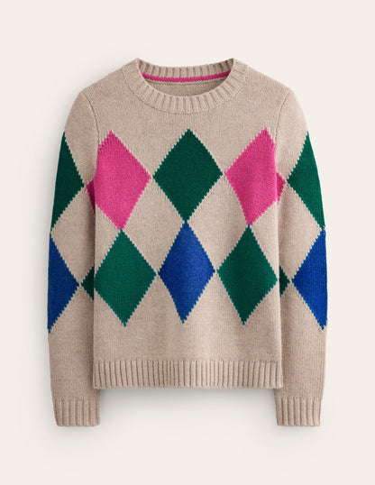 Argyle Crew Neck Jumper-Camel Melange, Multi-6