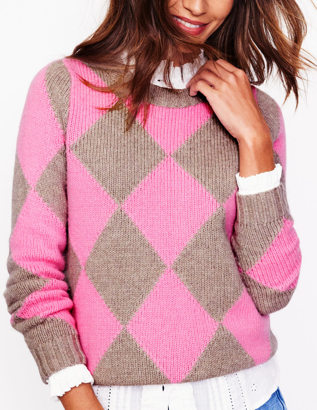 Argyle Crew Neck Jumper-Mink Melange, Pink - Image 2