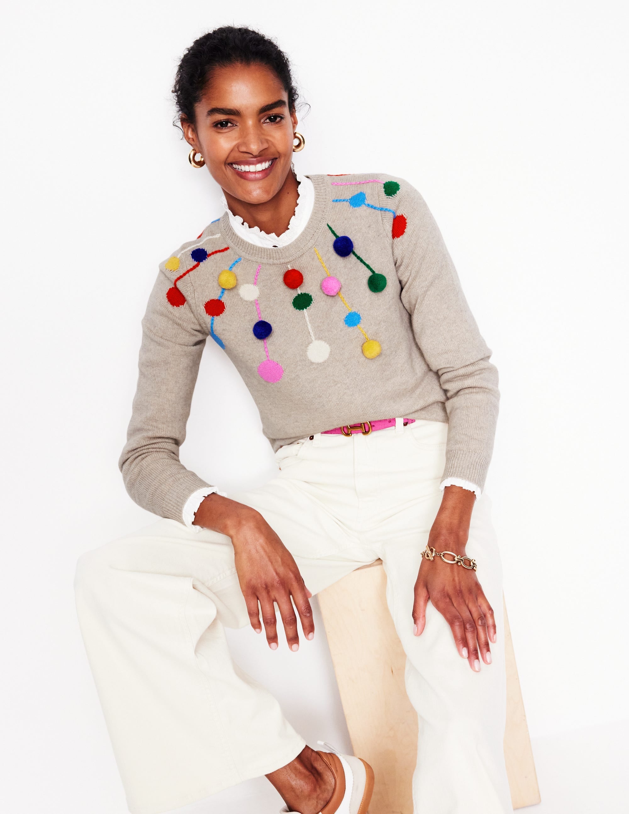 Pom Pom Jumper-Oatmeal, Multi Poms - Image 1